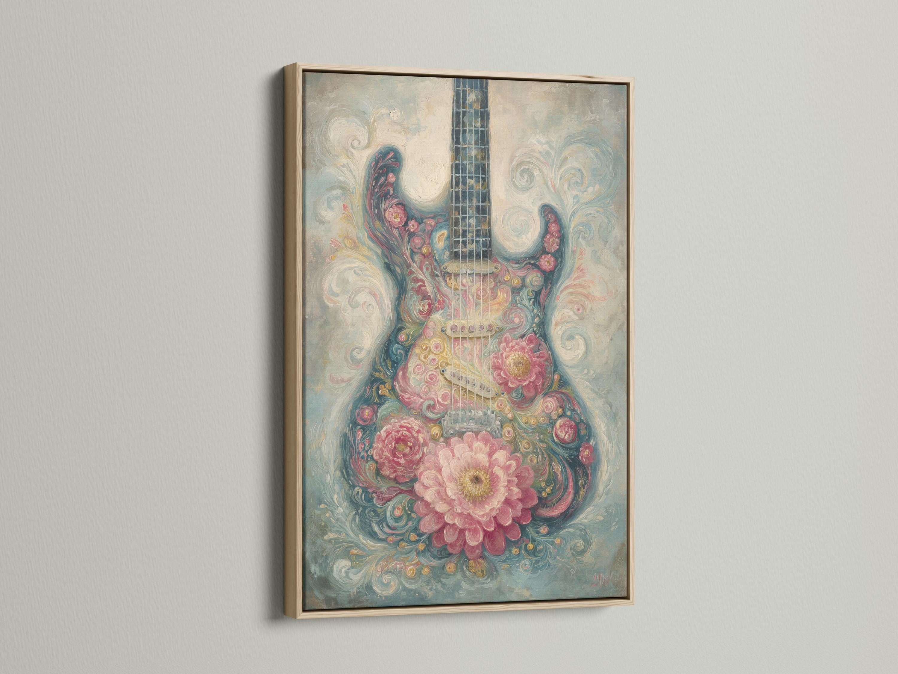 Stylised floral guitar artwork with dusty pink blossoms and teal-blue swirls detail view