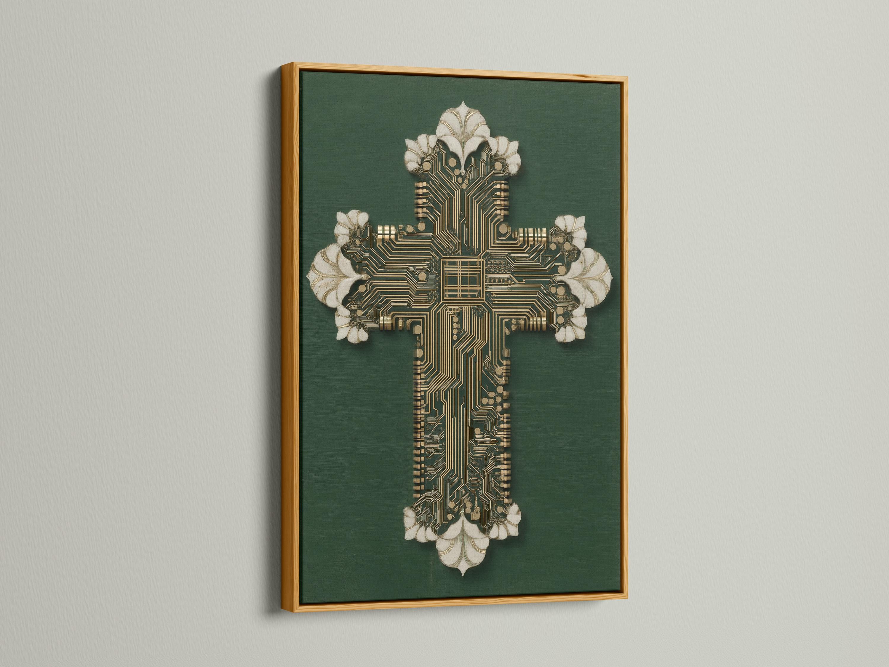 Gold circuit-board cross motif on a deep green background with white petal-like accents detail view