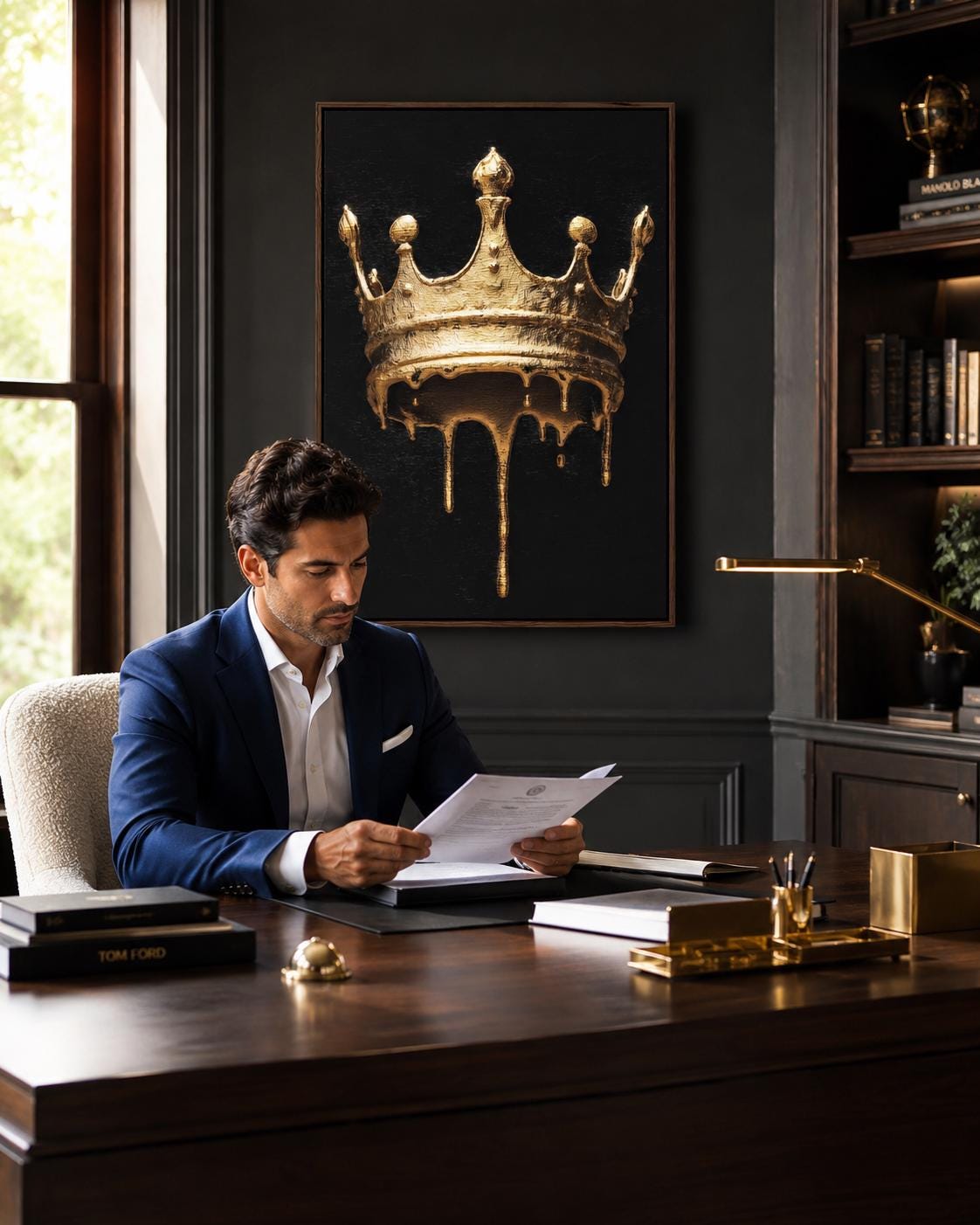 Person in a clothing store viewing a black-and-gold crown artwork on a gallery wall