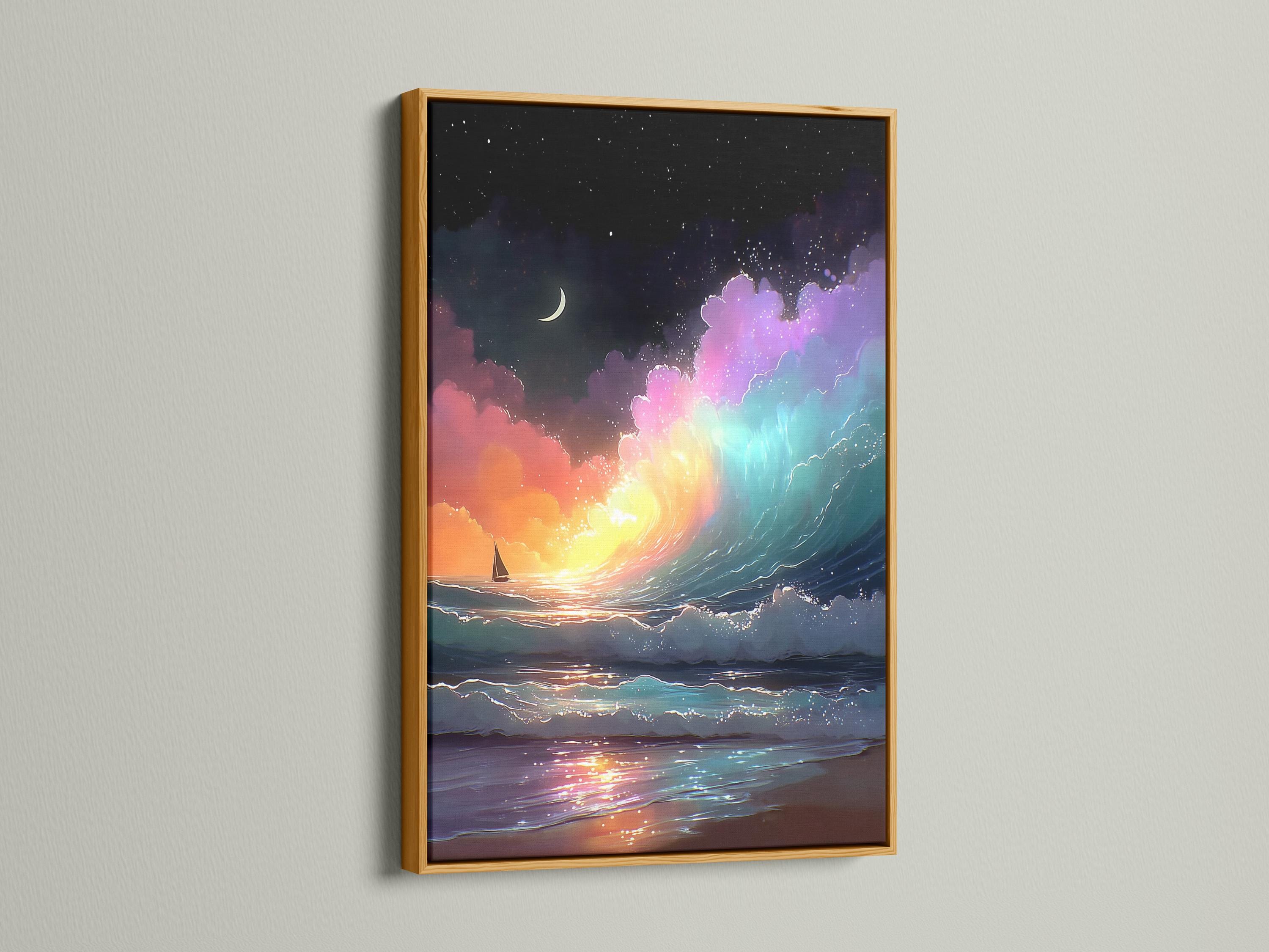 Starry night ocean with crescent moon, glowing teal and purple waves and a sailboat detail view