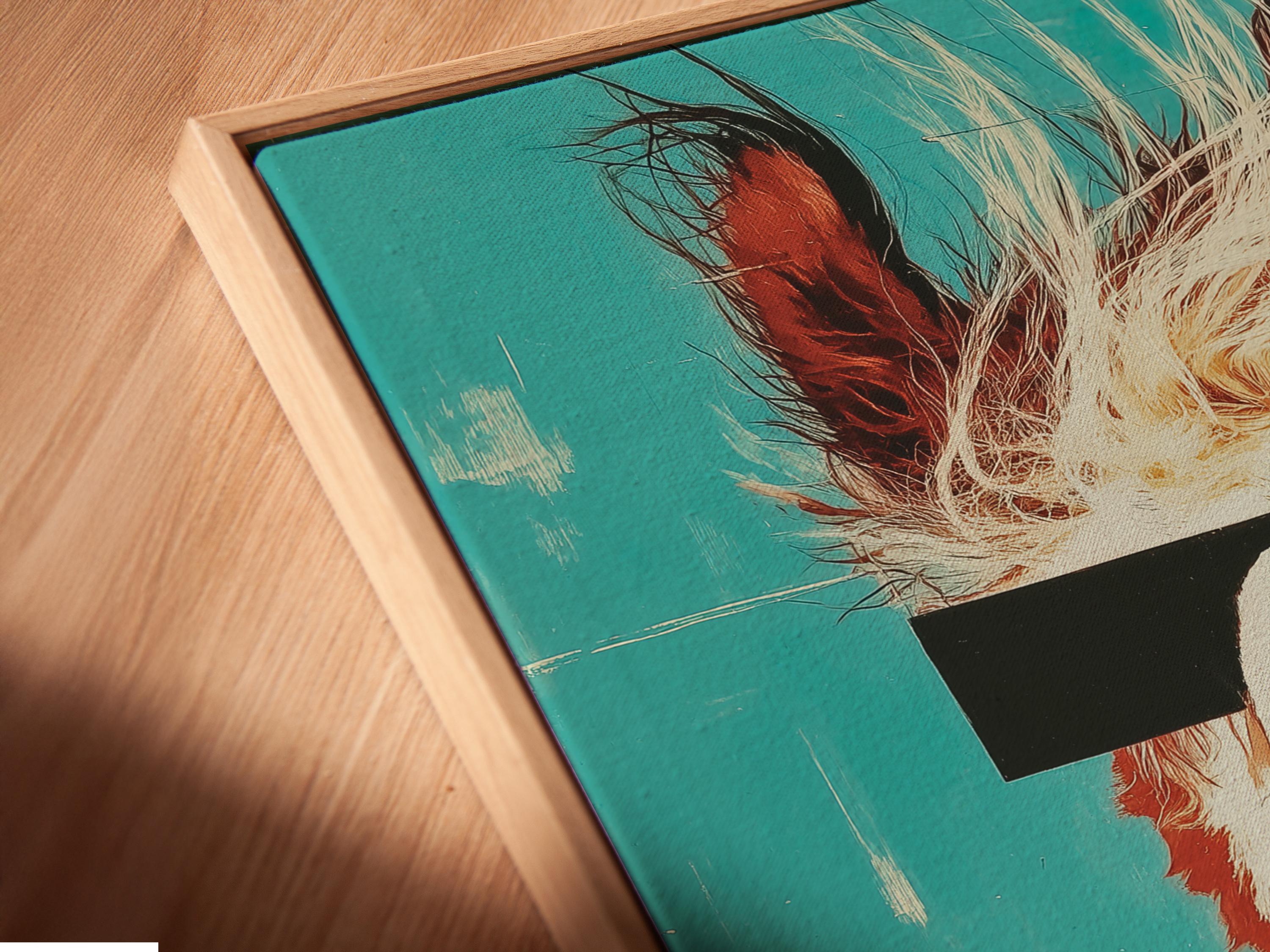 Stylised llama portrait on a turquoise background with rust-brown body and cream fur lines detail view