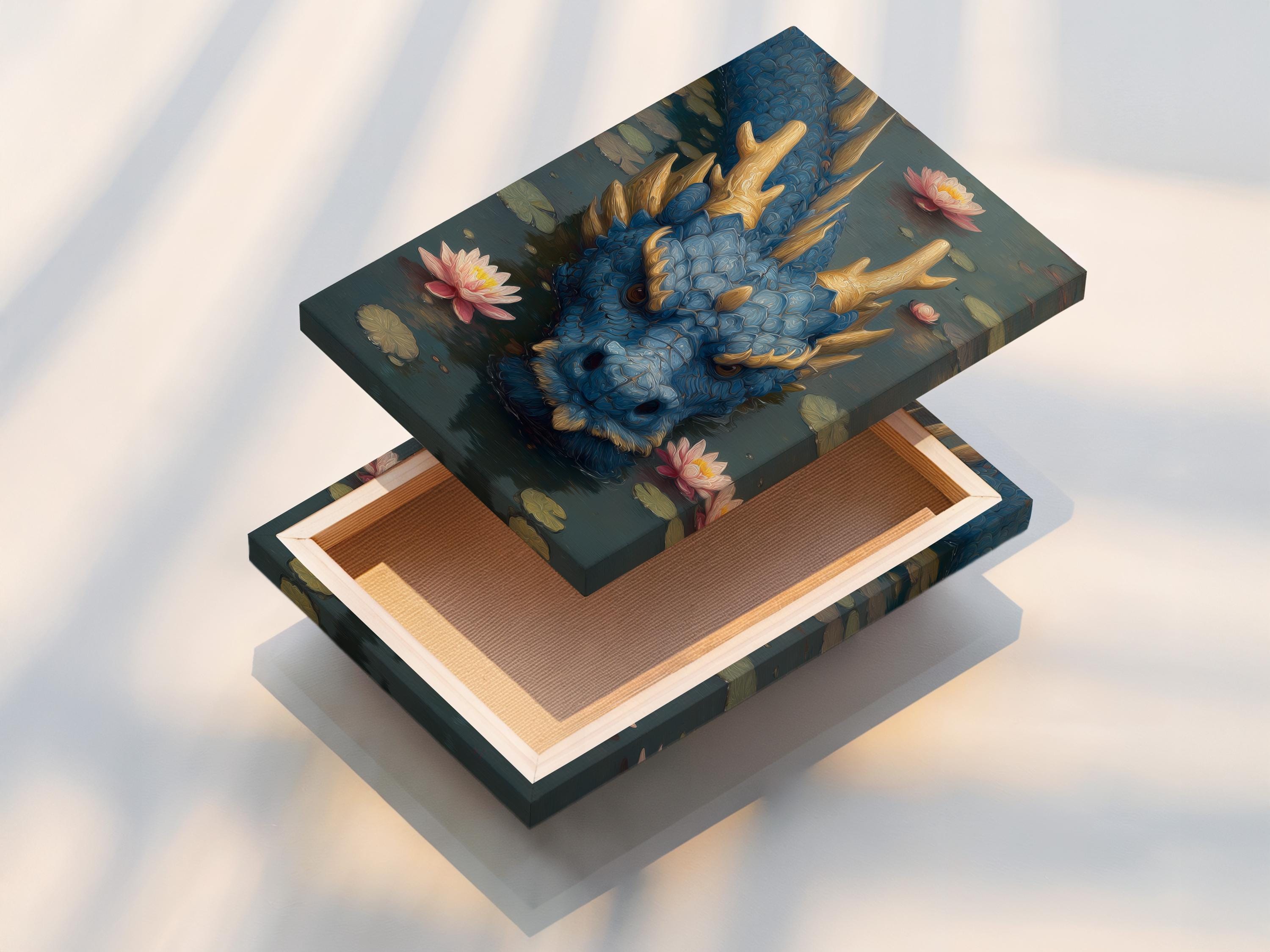 Blue dragon head emerging from dark water with pink lotus flowers and gold horns detail view