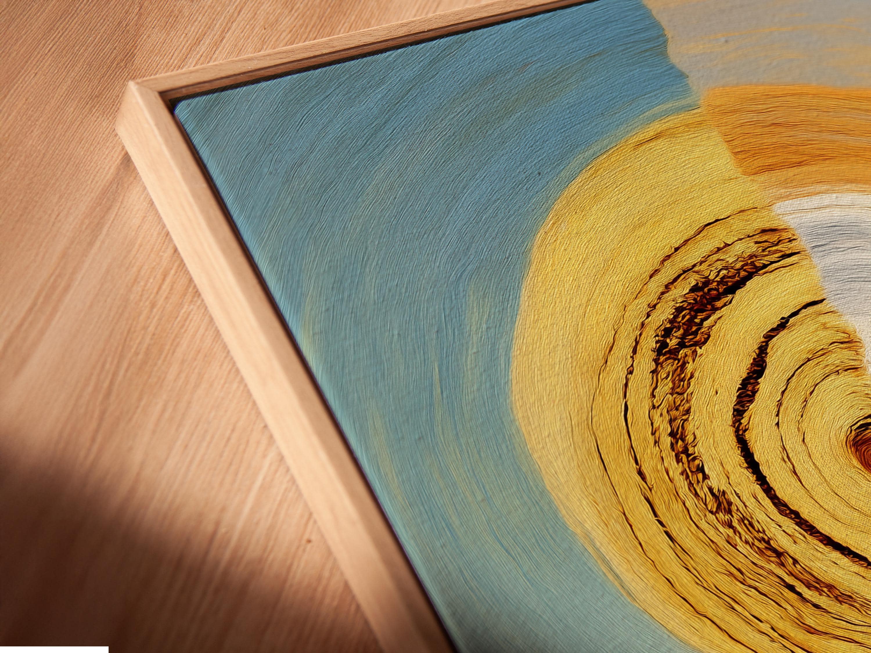 Abstract landscape with a golden sun, dark tree silhouette and curved red path bands detail view