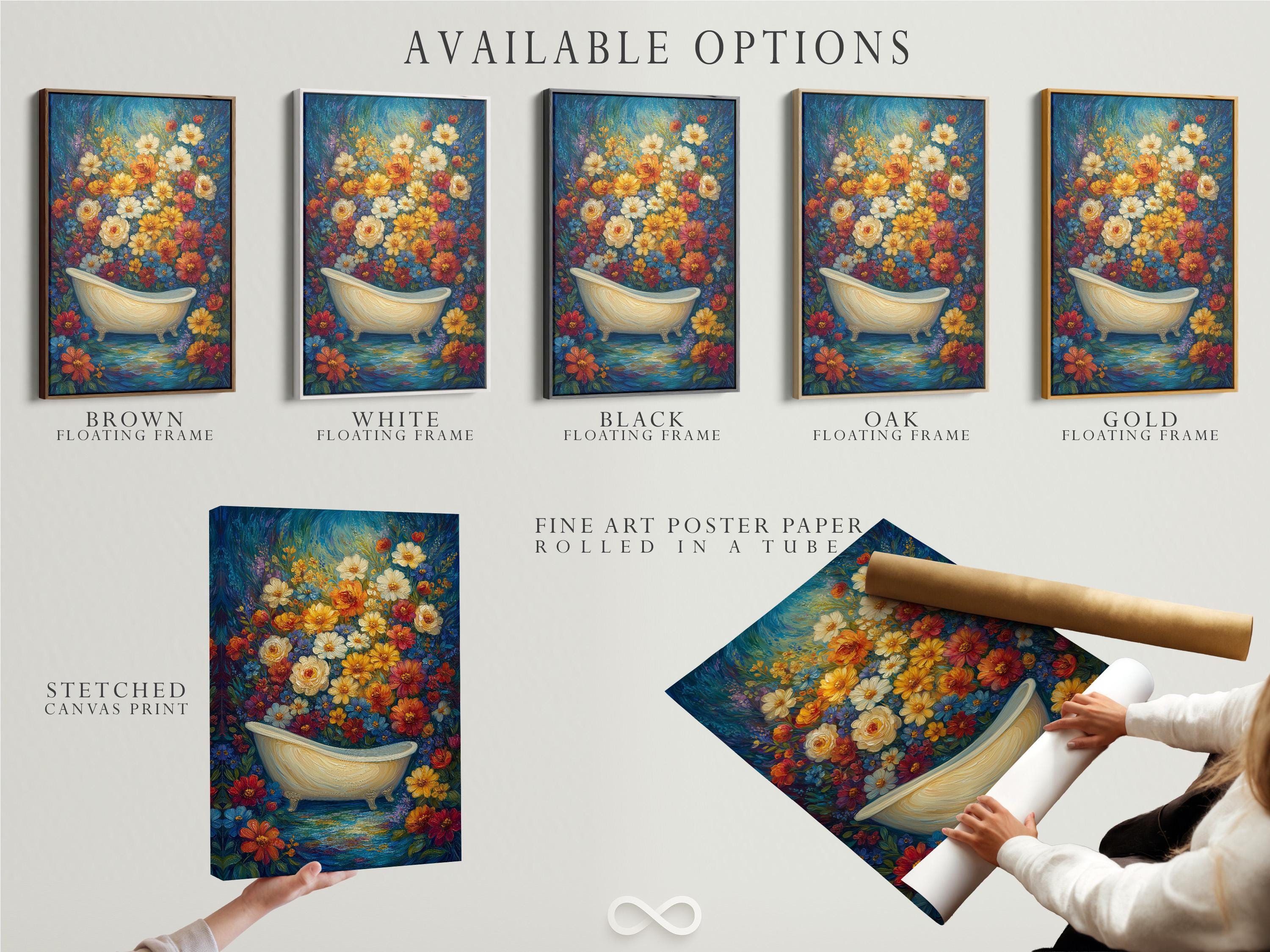 Bathroom wall mockup showing floral bathtub wall art