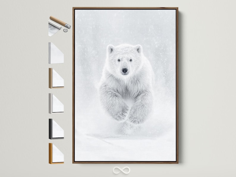 Monochrome polar bear running with snow speckles in a bright white background