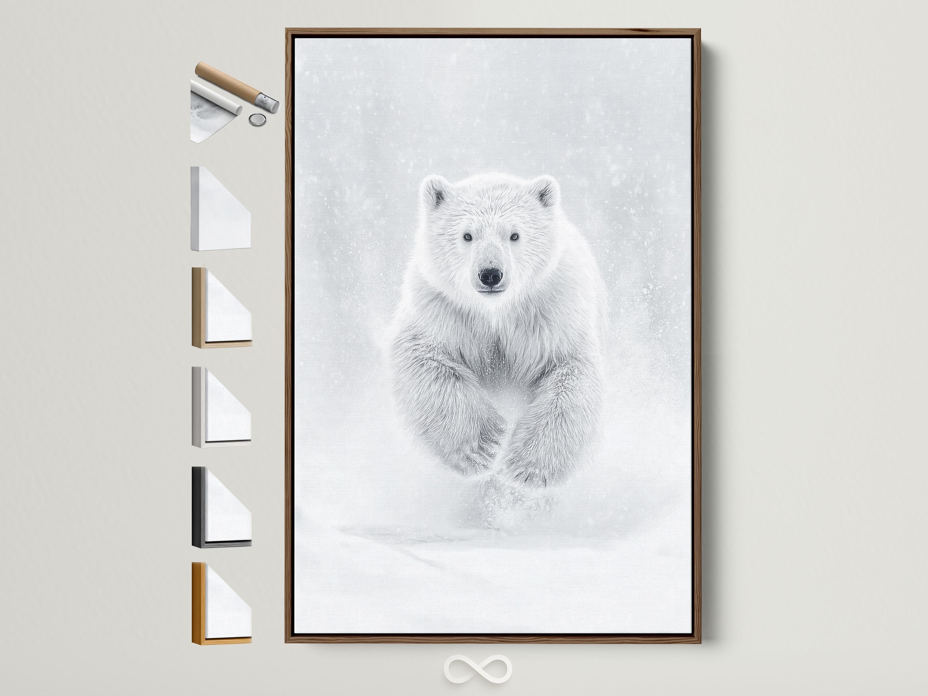 Monochrome polar bear running with snow speckles in a bright white background