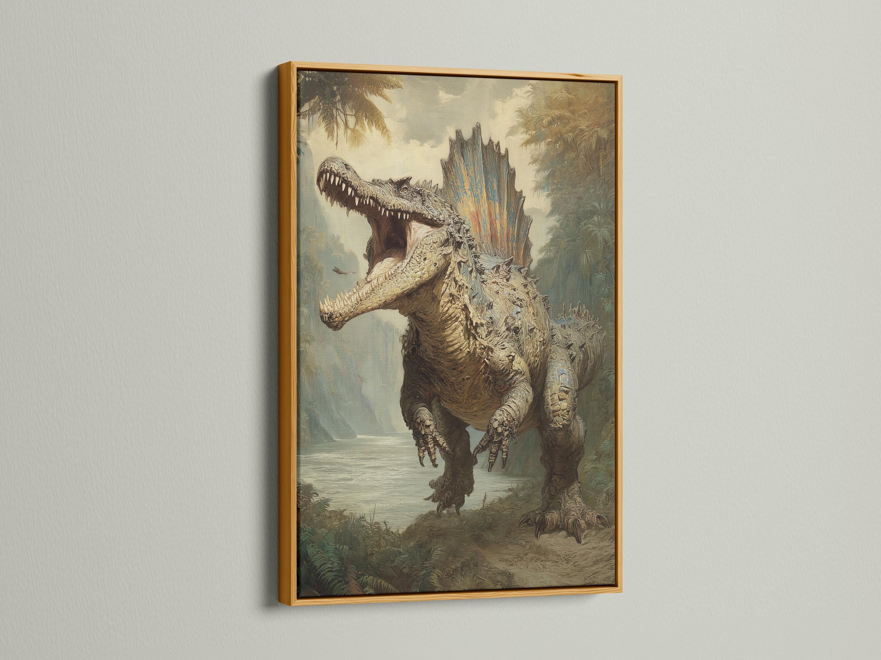 Prehistoric dinosaur artwork with open mouth in a misty jungle scene detail view