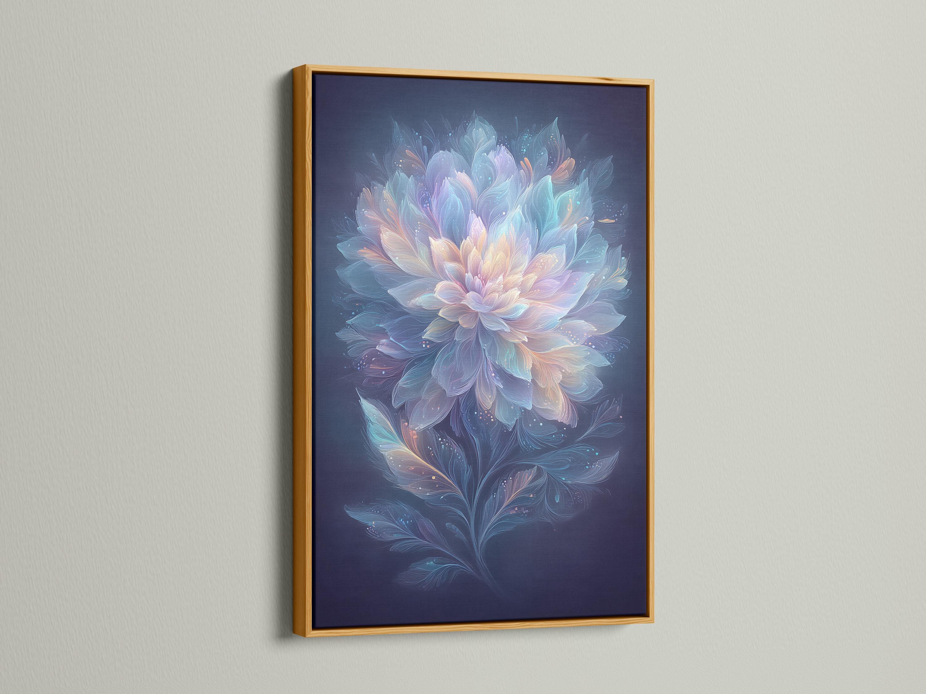 Wall mockup showing a framed floral artwork with pastel petals on deep navy blue
