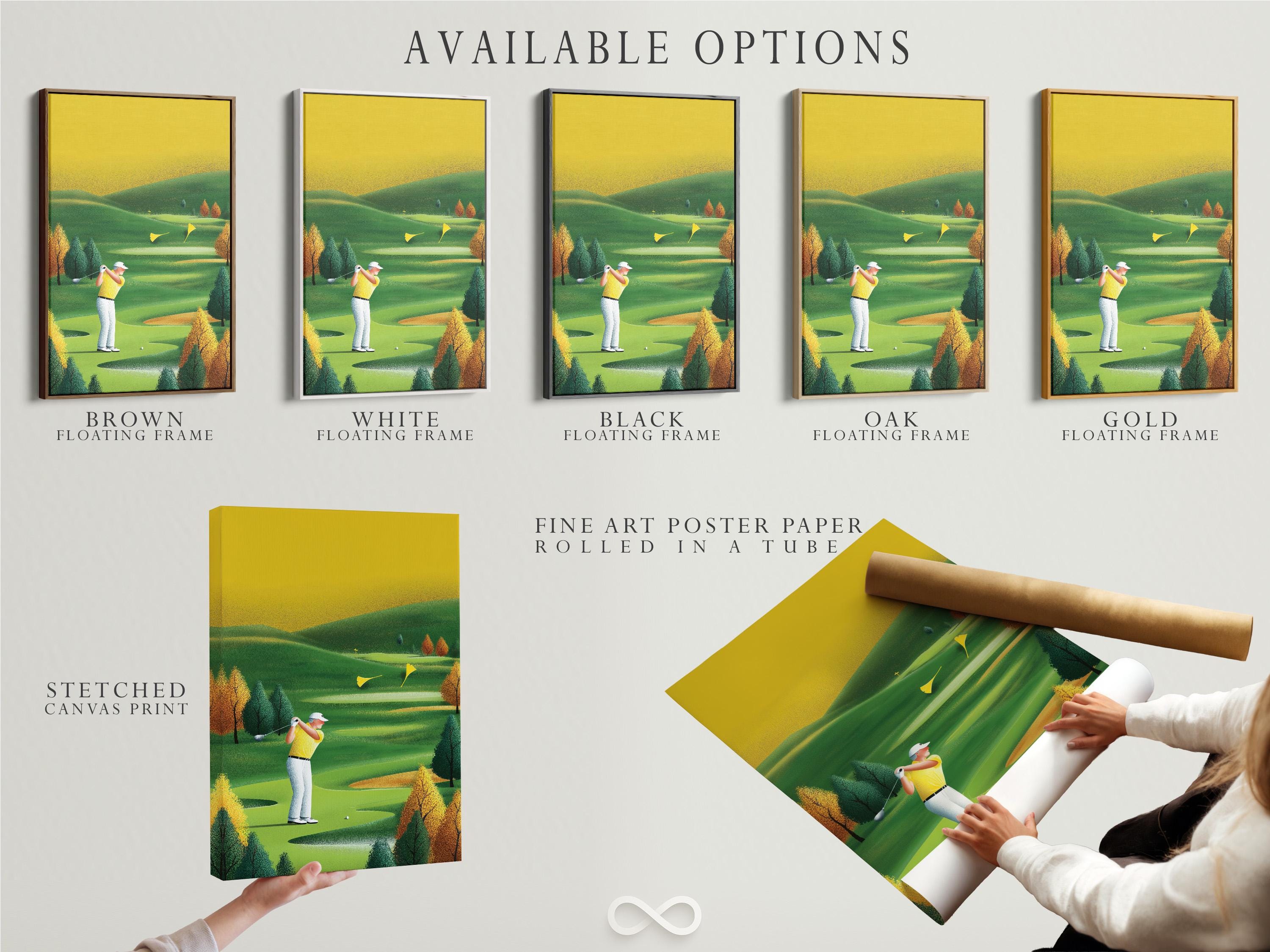 A stylised golf course scene with a golfer mid-swing and rolling green fairways detail view