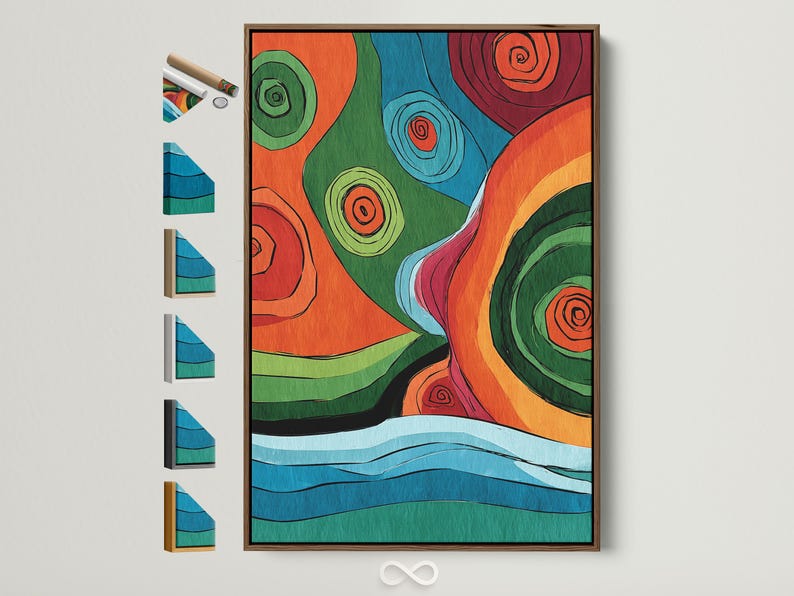 Colourful abstract artwork with overlapping circles and concentric spiral swirls in orange, green, blue and red