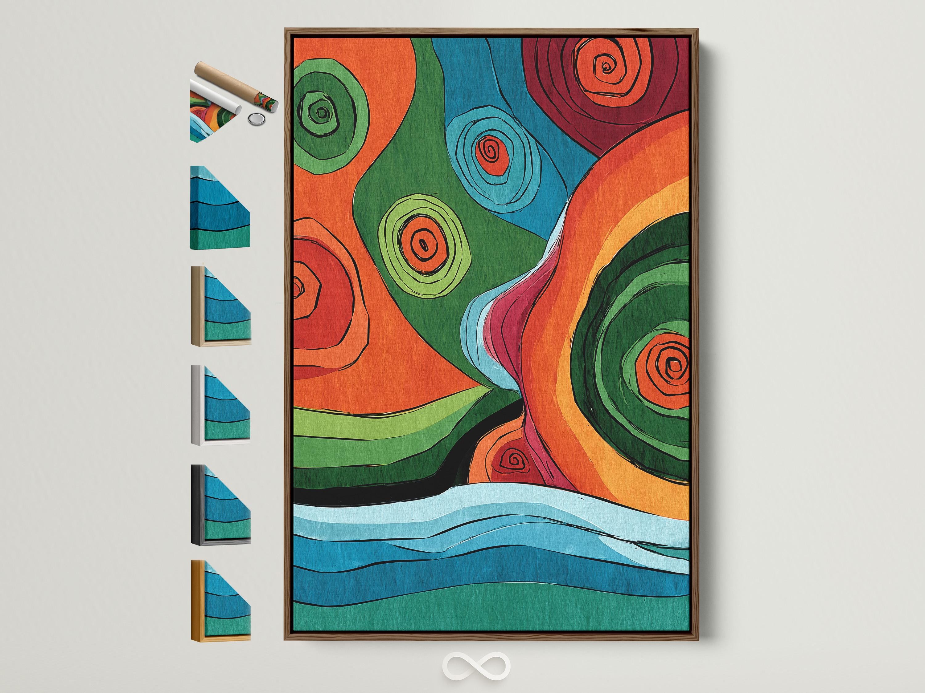 Colourful abstract artwork with overlapping circles and concentric spiral swirls in orange, green, blue and red
