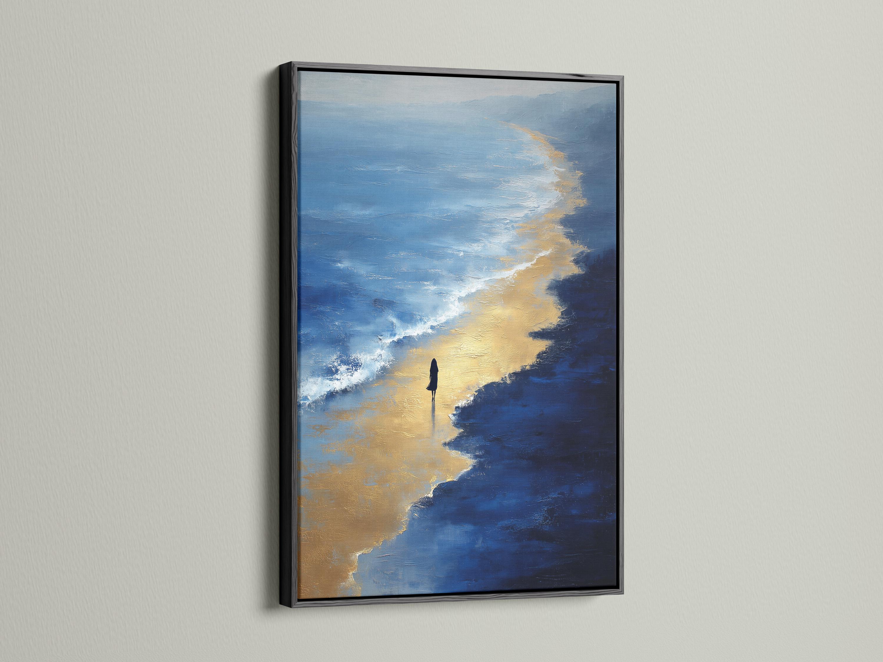 Painterly navy blue and gold seascape with ocean waves, beach light and a small silhouette detail view
