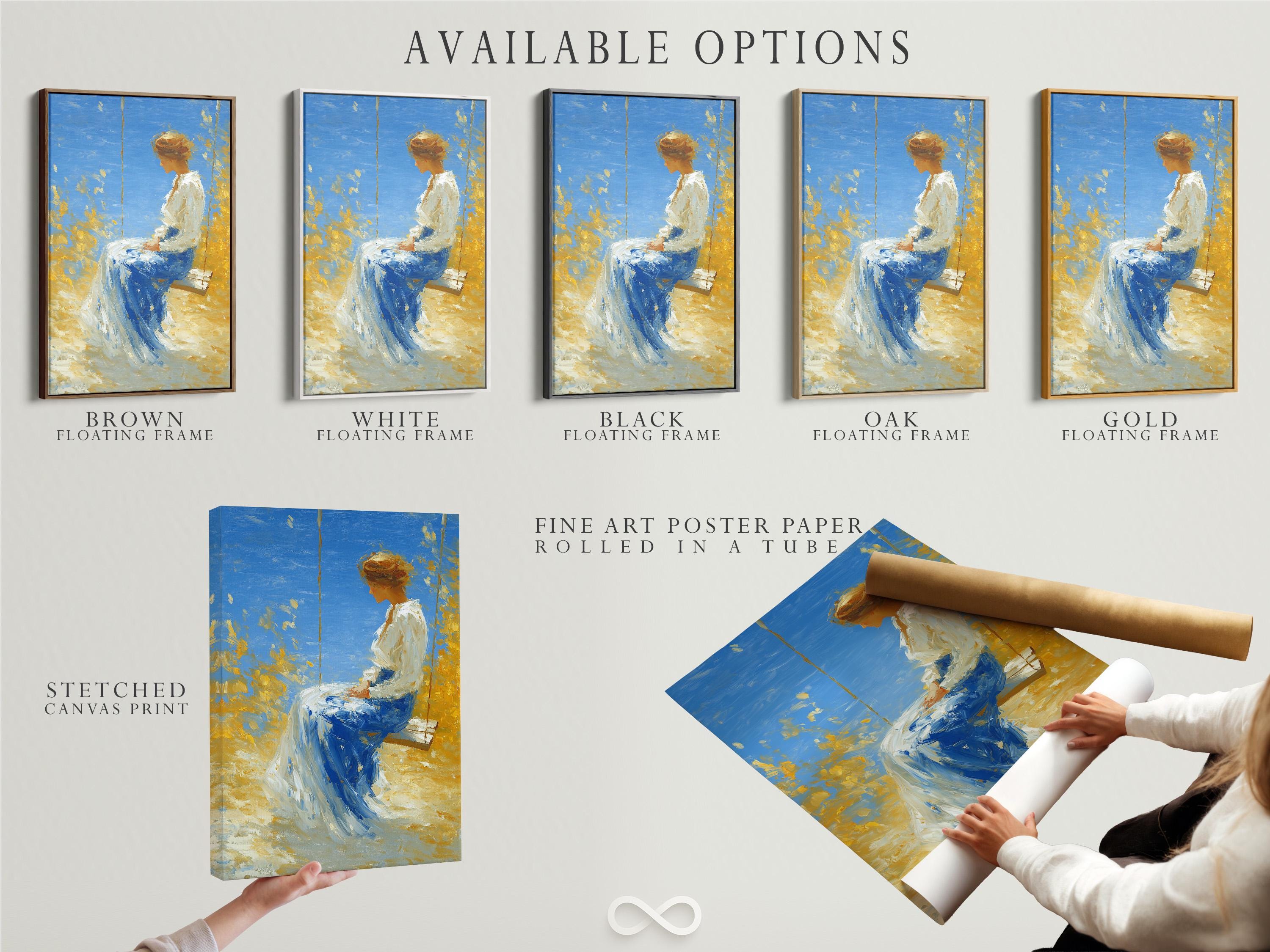 Painterly woman on a swing in blue and gold tones under a bright sky detail view