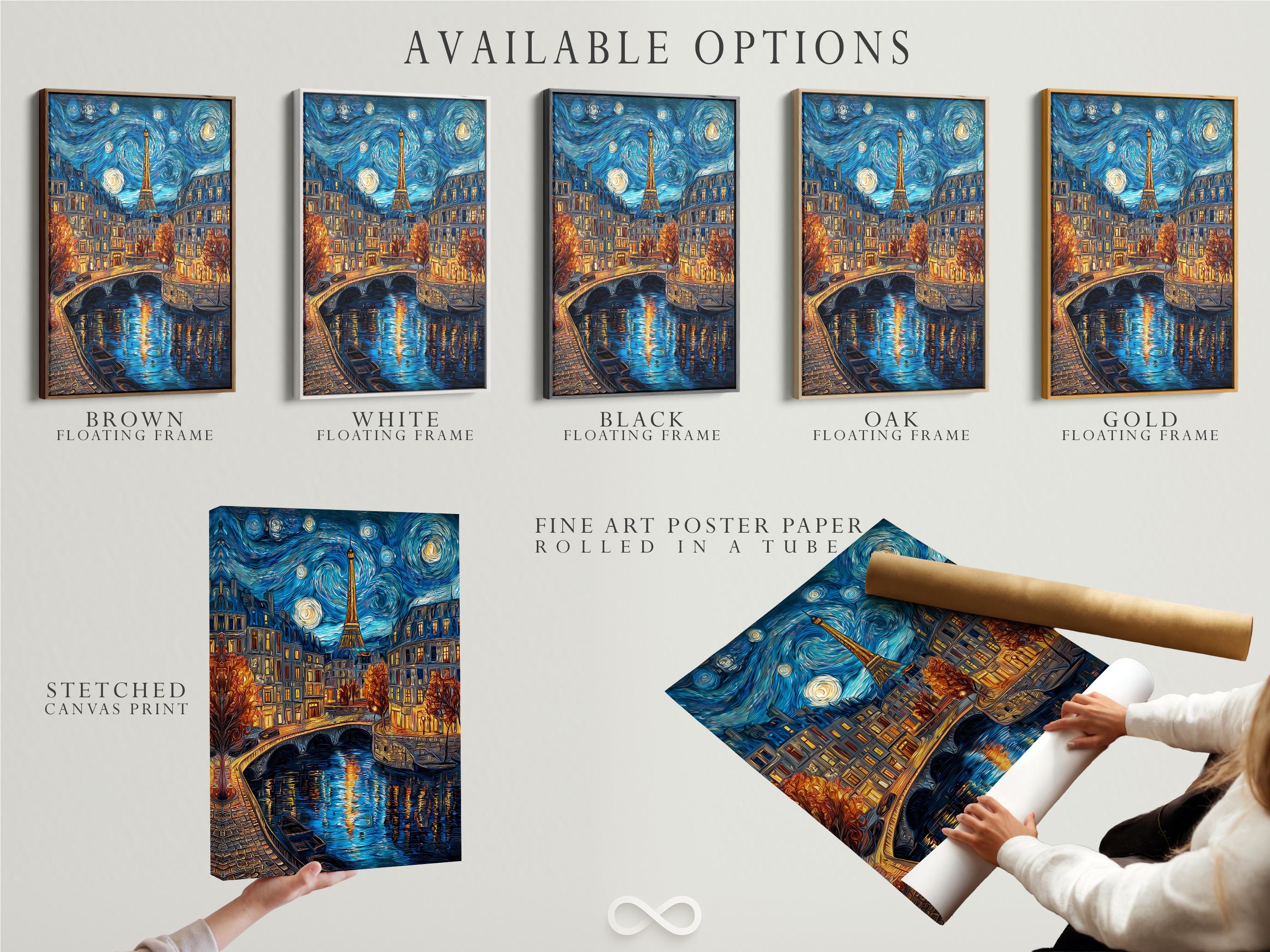 Woman hanging a framed night cityscape painting featuring the Eiffel Tower on a brick wall