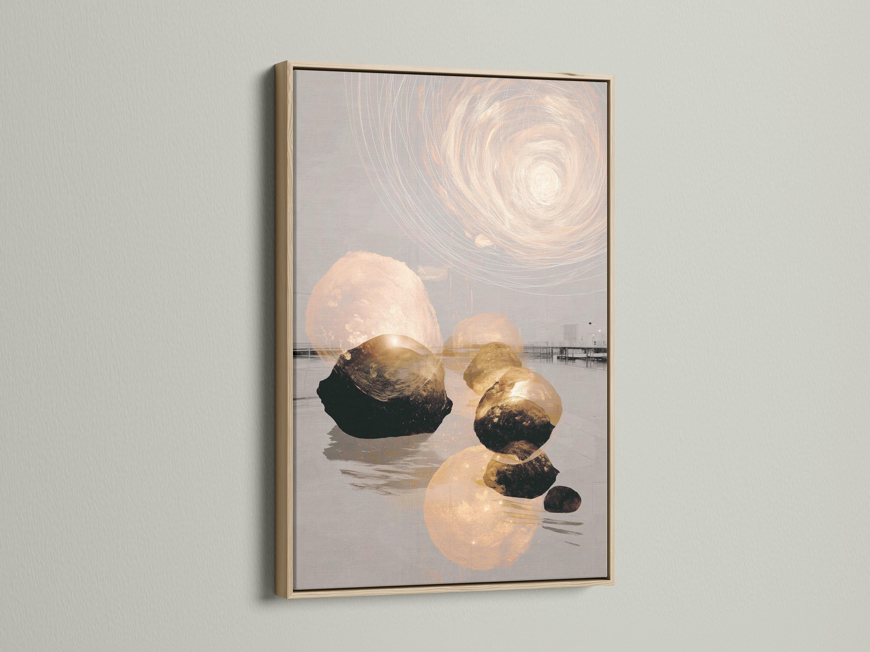 Neutral abstract stone landscape with a pale circular swirl and subtle gold accents detail view