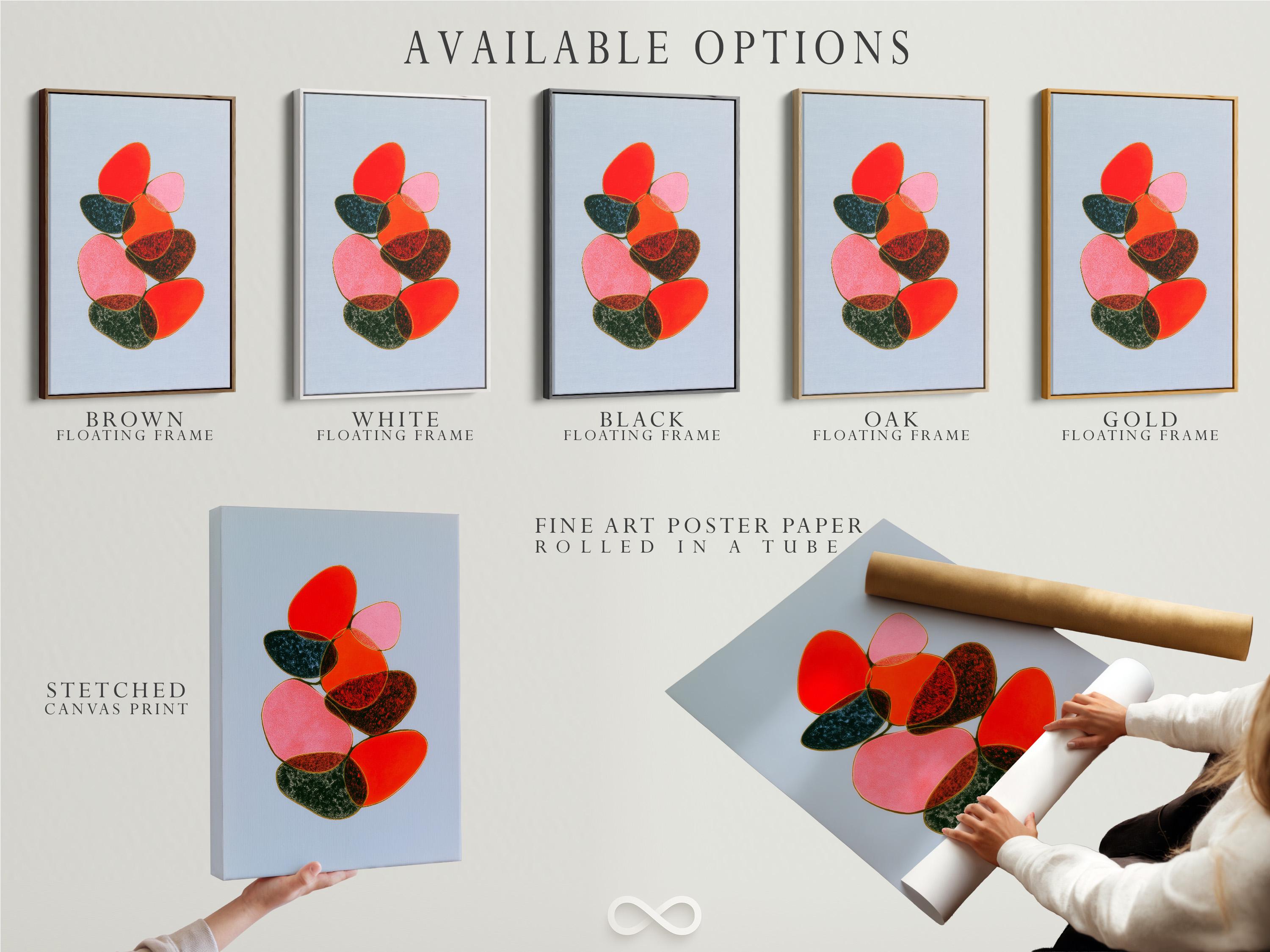 Room mockup showing a framed abstract artwork with overlapping red, pink and green shapes on a light blue background