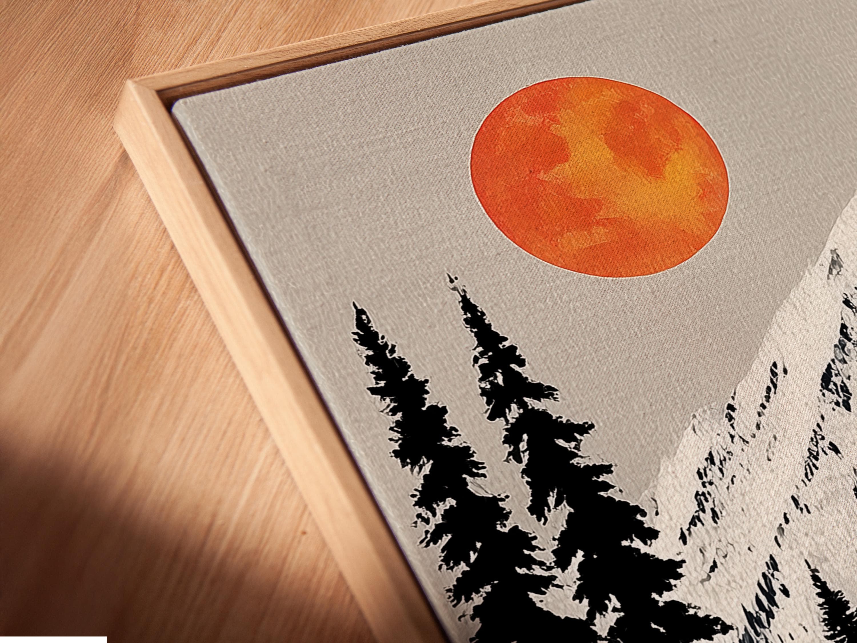 Stylised winter mountain landscape with pine trees, ski lift cables, yellow gondolas and an orange sun detail view