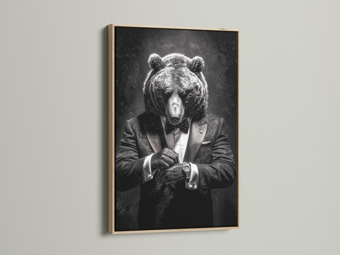 Bear portrait artwork shown in framed mockups with black, white and gold variations