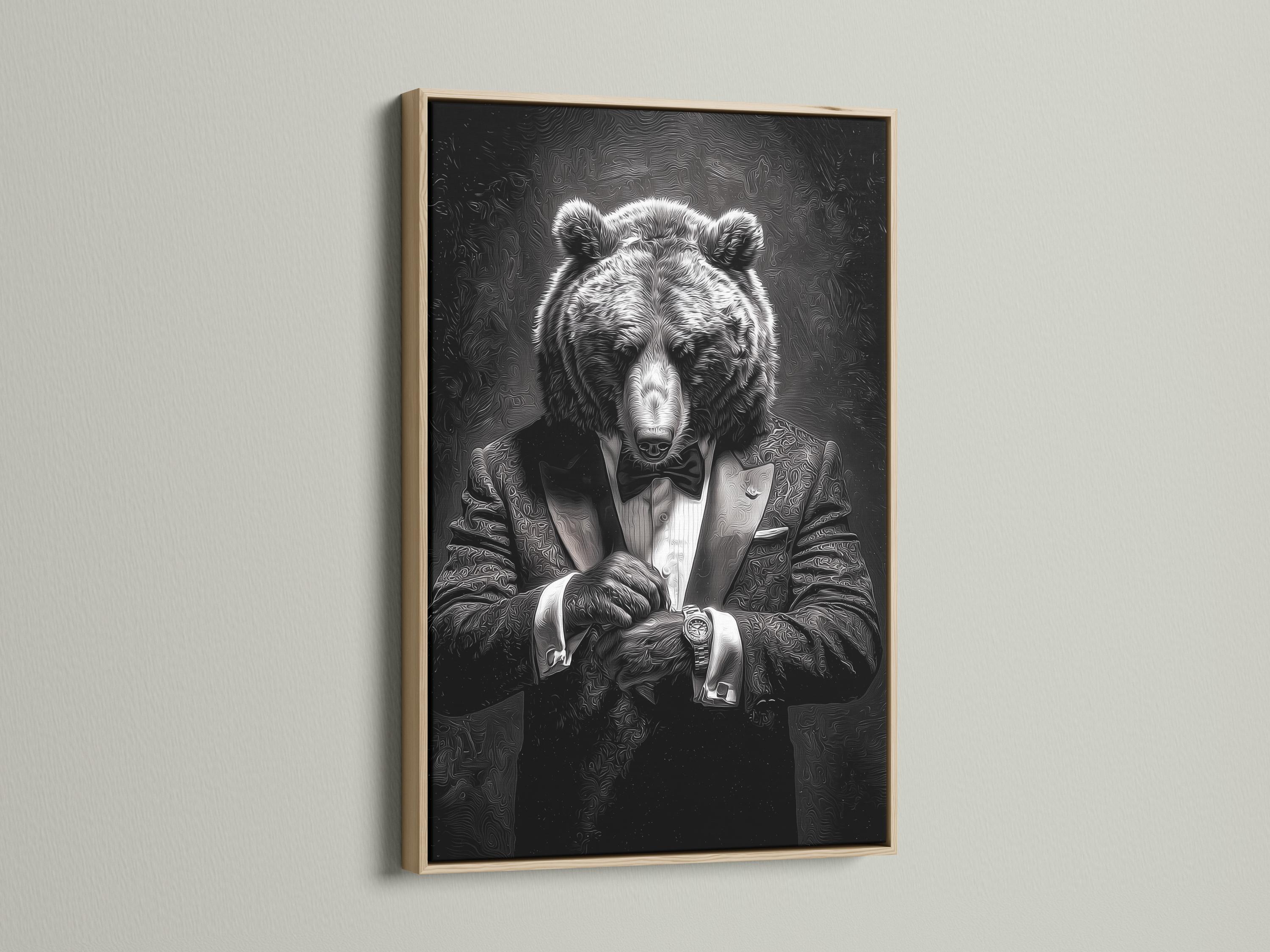 Bear portrait artwork shown in framed mockups with black, white and gold variations