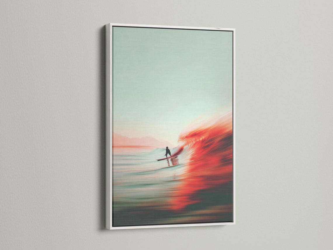 Seascape painting of a surfer riding a bright red wave at sunset over reflective ocean water detail view