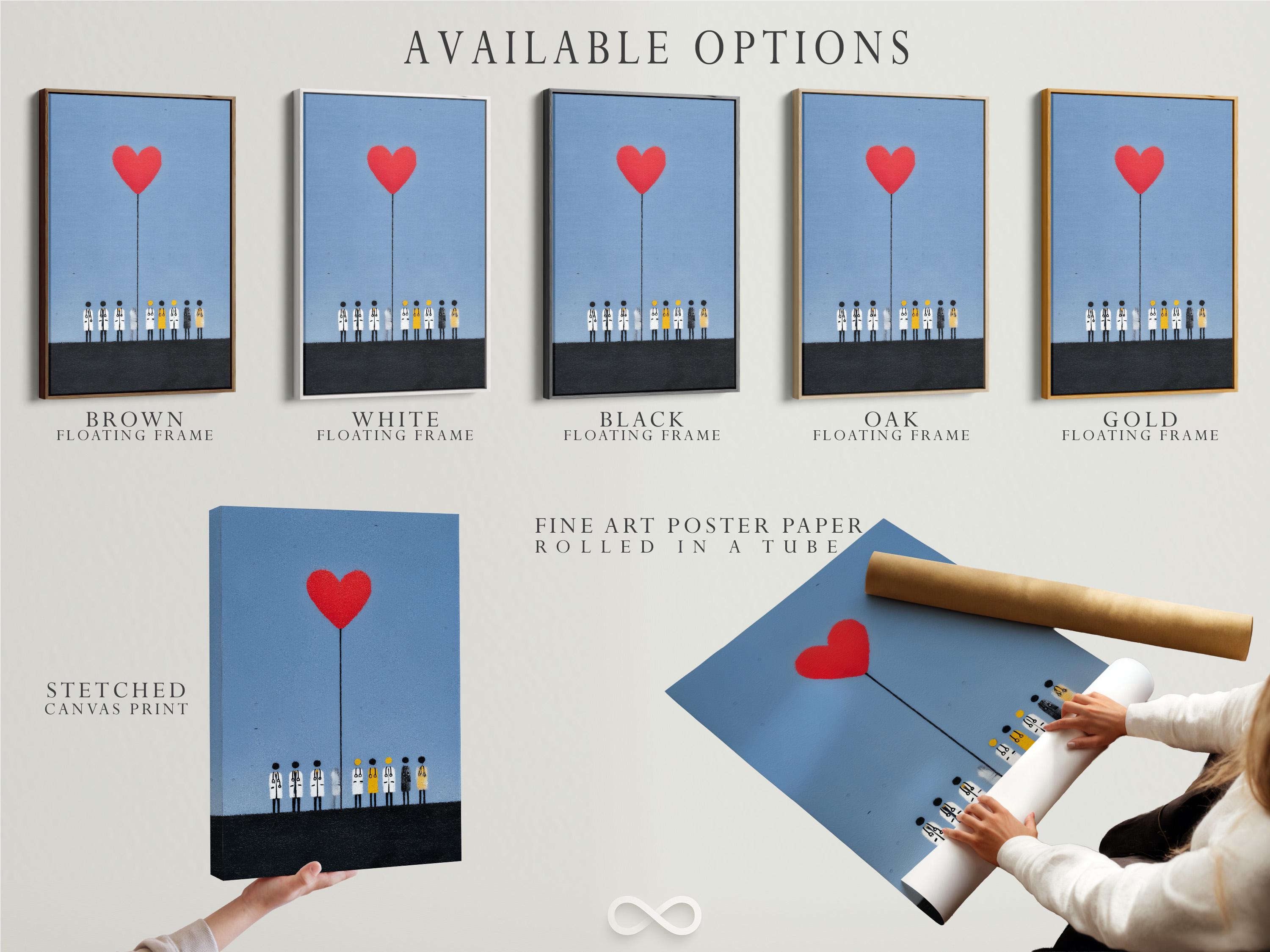 Red heart balloon above stylised healthcare workers in white coats on a light-blue textured background detail view