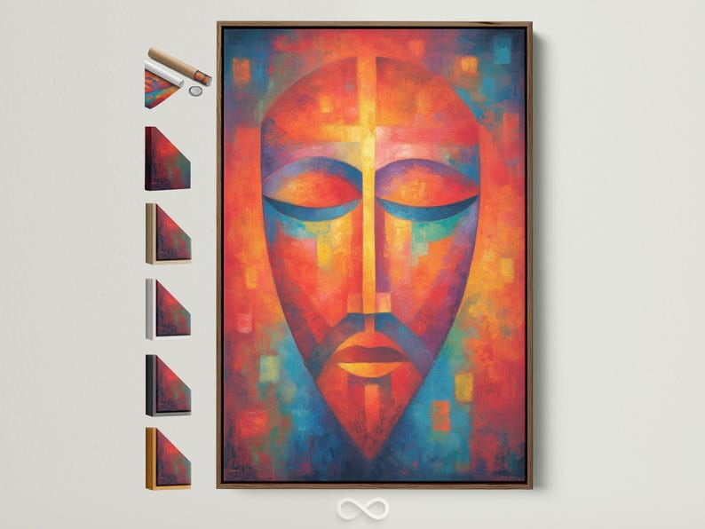 Abstract face portrait with vivid orange, teal and blue geometric shapes and a central vertical highlight