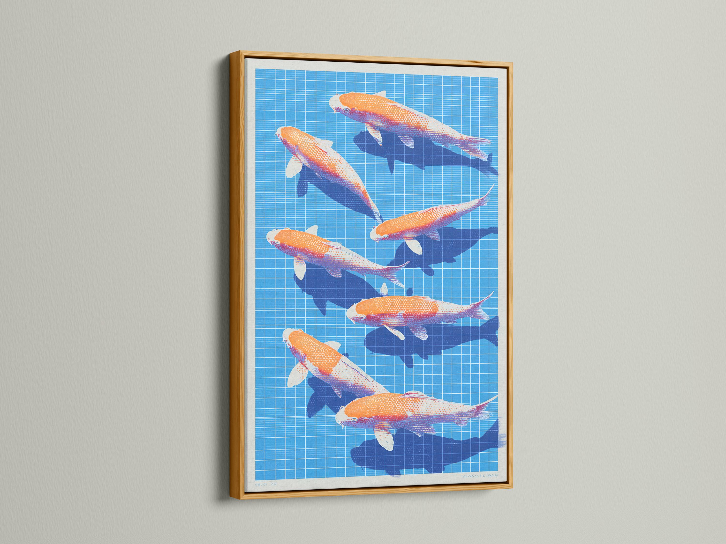 Orange koi fish swimming on a bright blue grid background with dark blue water shapes detail view