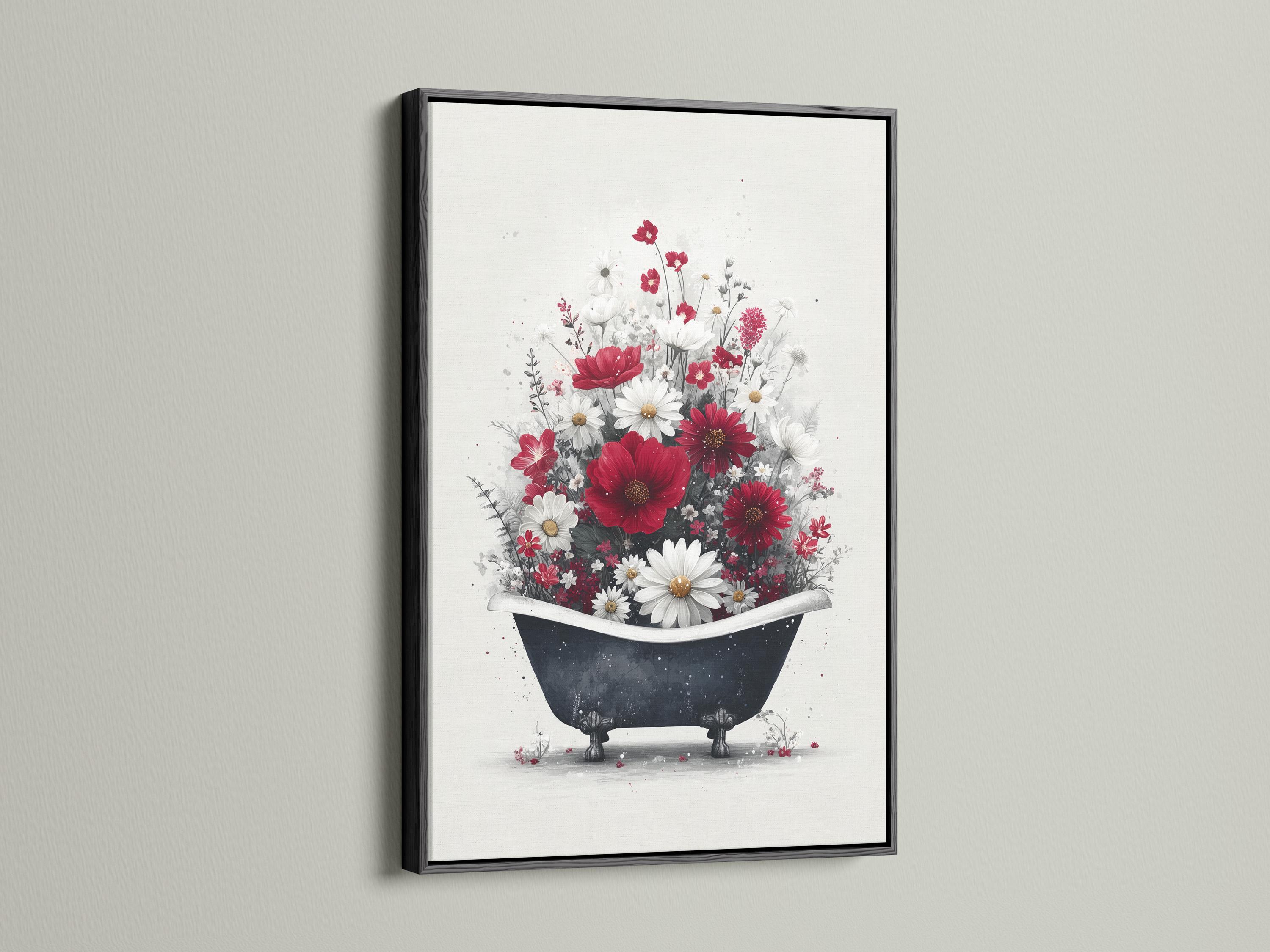 Vintage floral bathtub illustration with red and white flowers filling a dark bathtub detail view