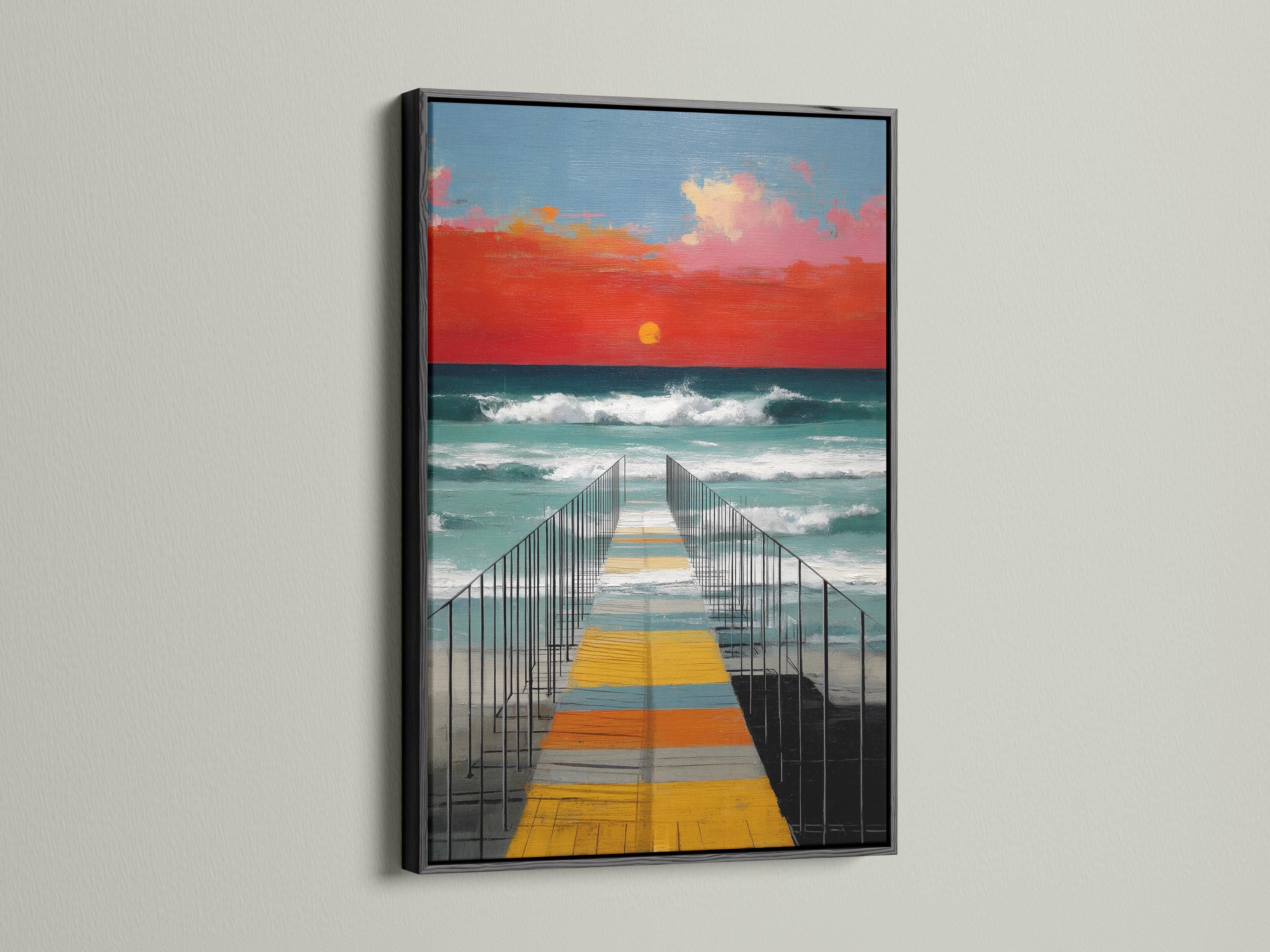 Sunset pier seascape wall art mockup on a light background with framed versions shown
