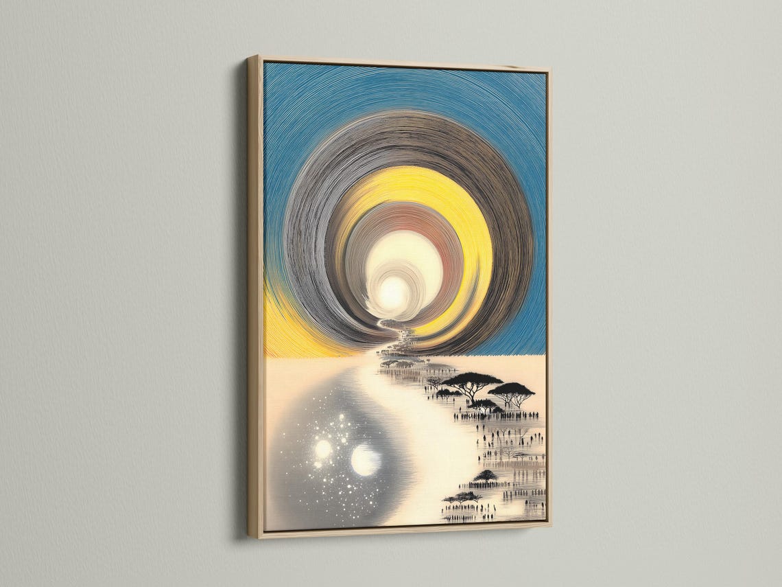 Stylised teal and yellow landscape with concentric swirl lines, reflective water and silhouetted acacia trees detail view