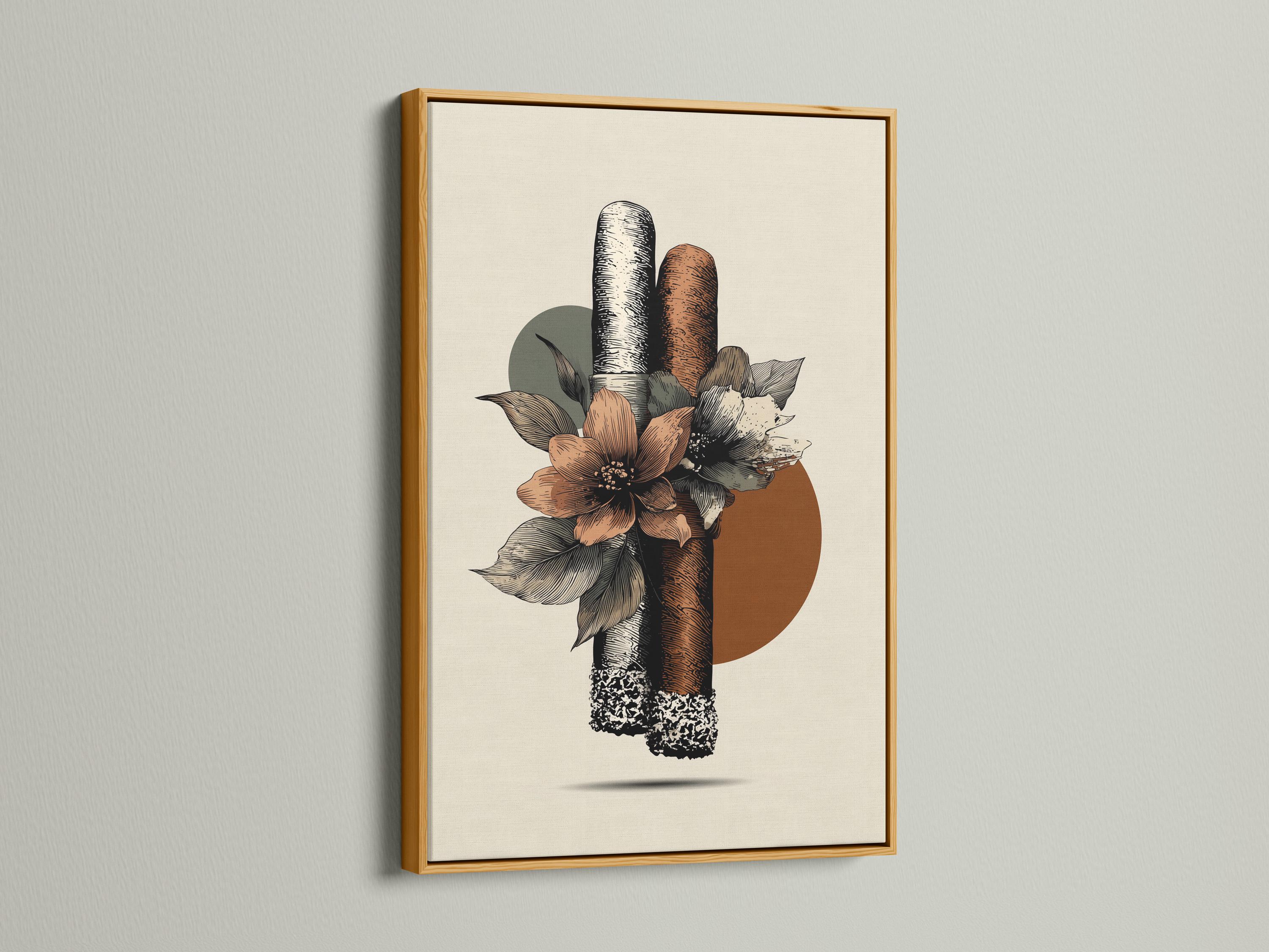 Botanical illustration of a textured cigar surrounded by terracotta flowers and dark leaves on an off-white background detail view