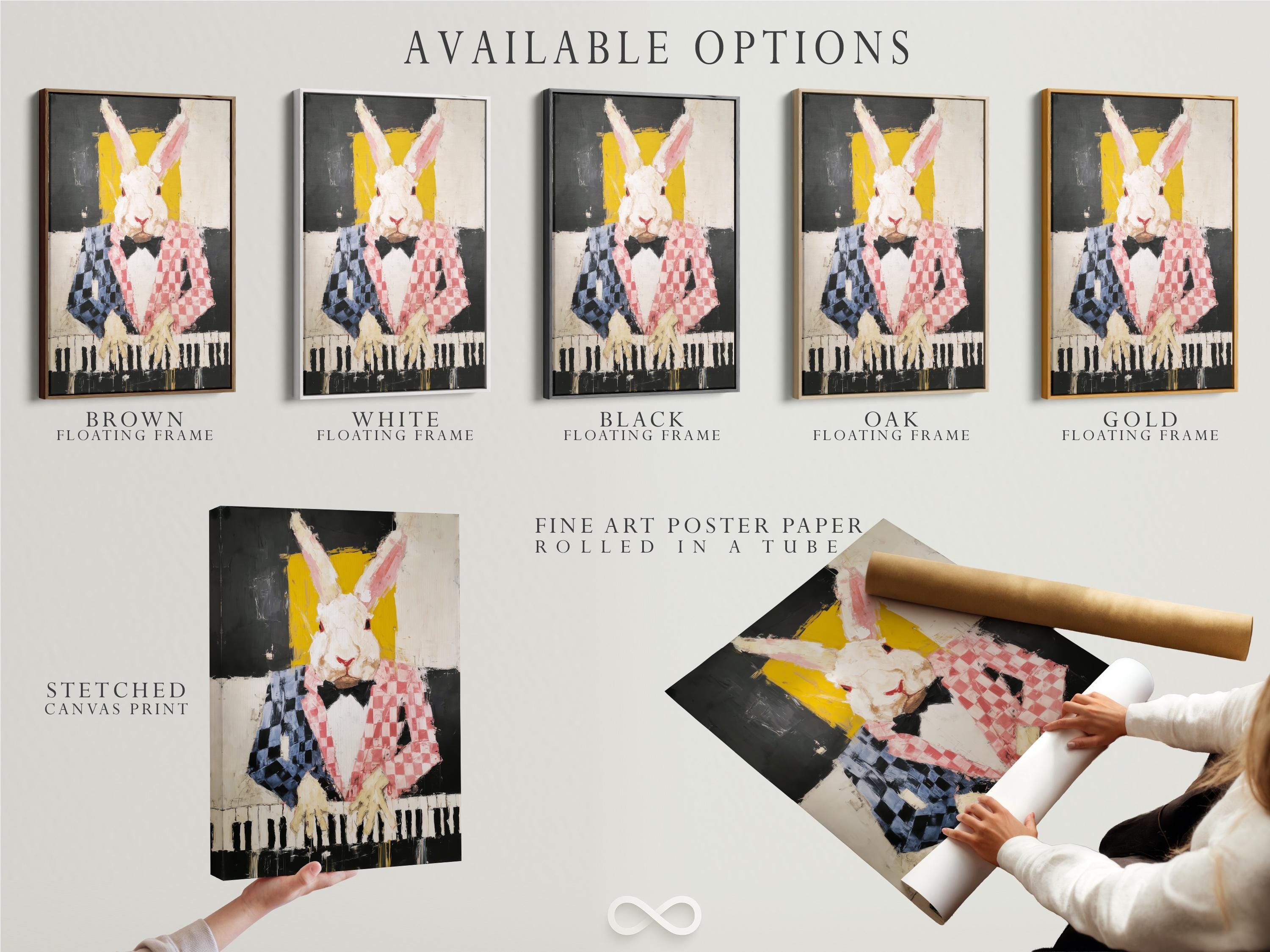 Stylised rabbit playing piano artwork with black, yellow and pink colours detail view