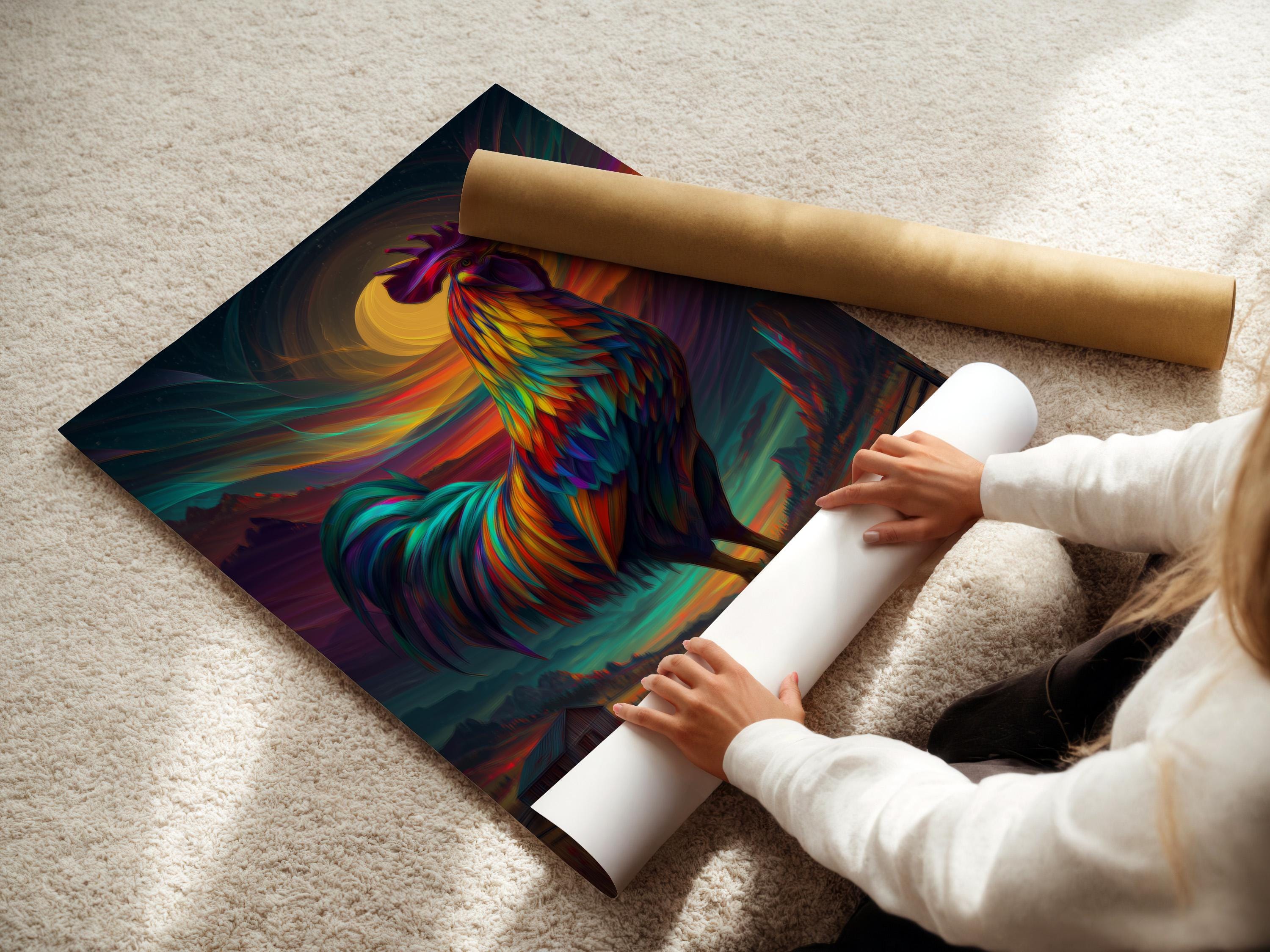 Stylised rainbow-feather rooster standing in front of a glowing sunset landscape detail view