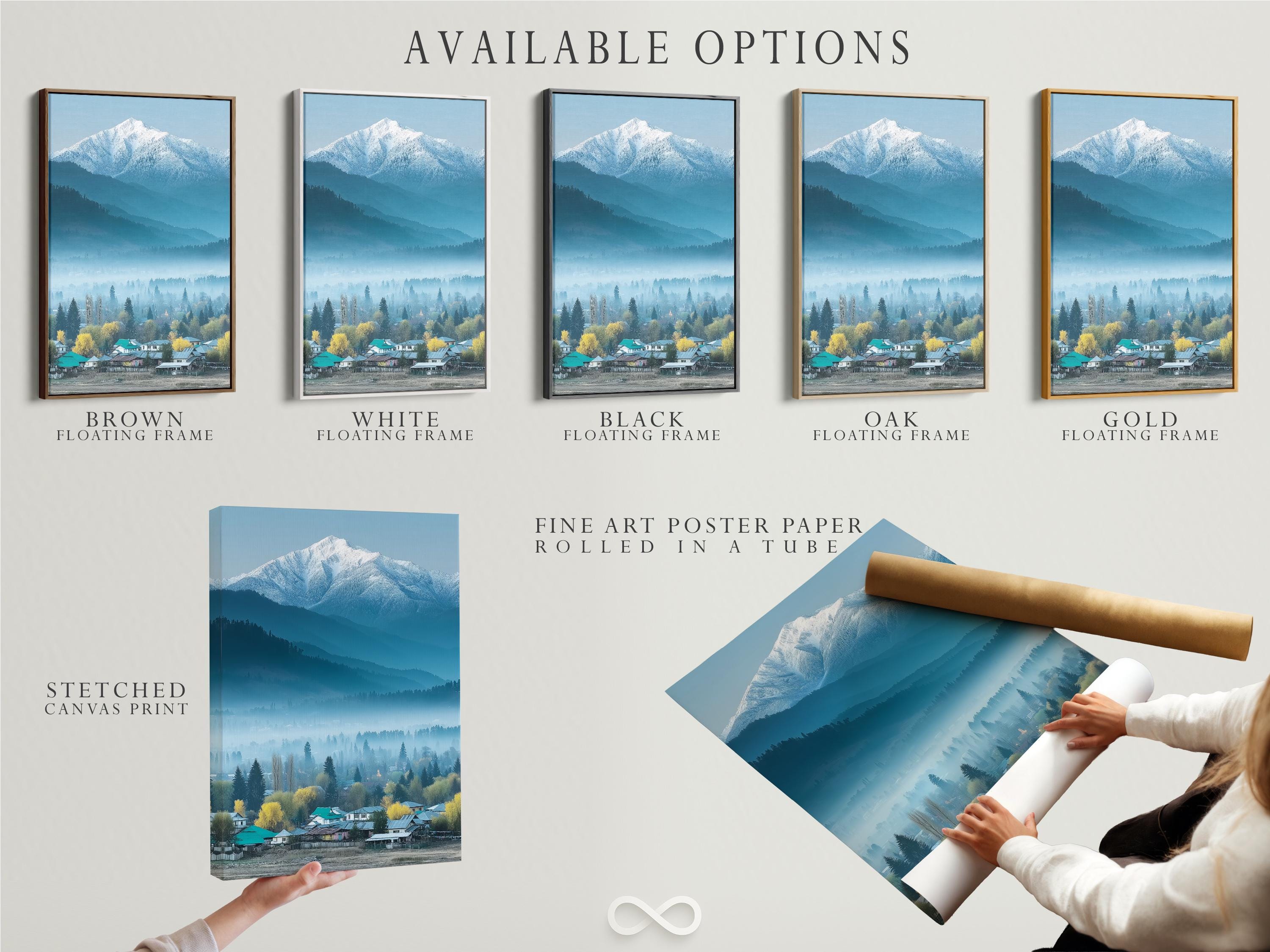 Misty snowy mountain landscape with evergreen trees and a village in teal and blue tones detail view