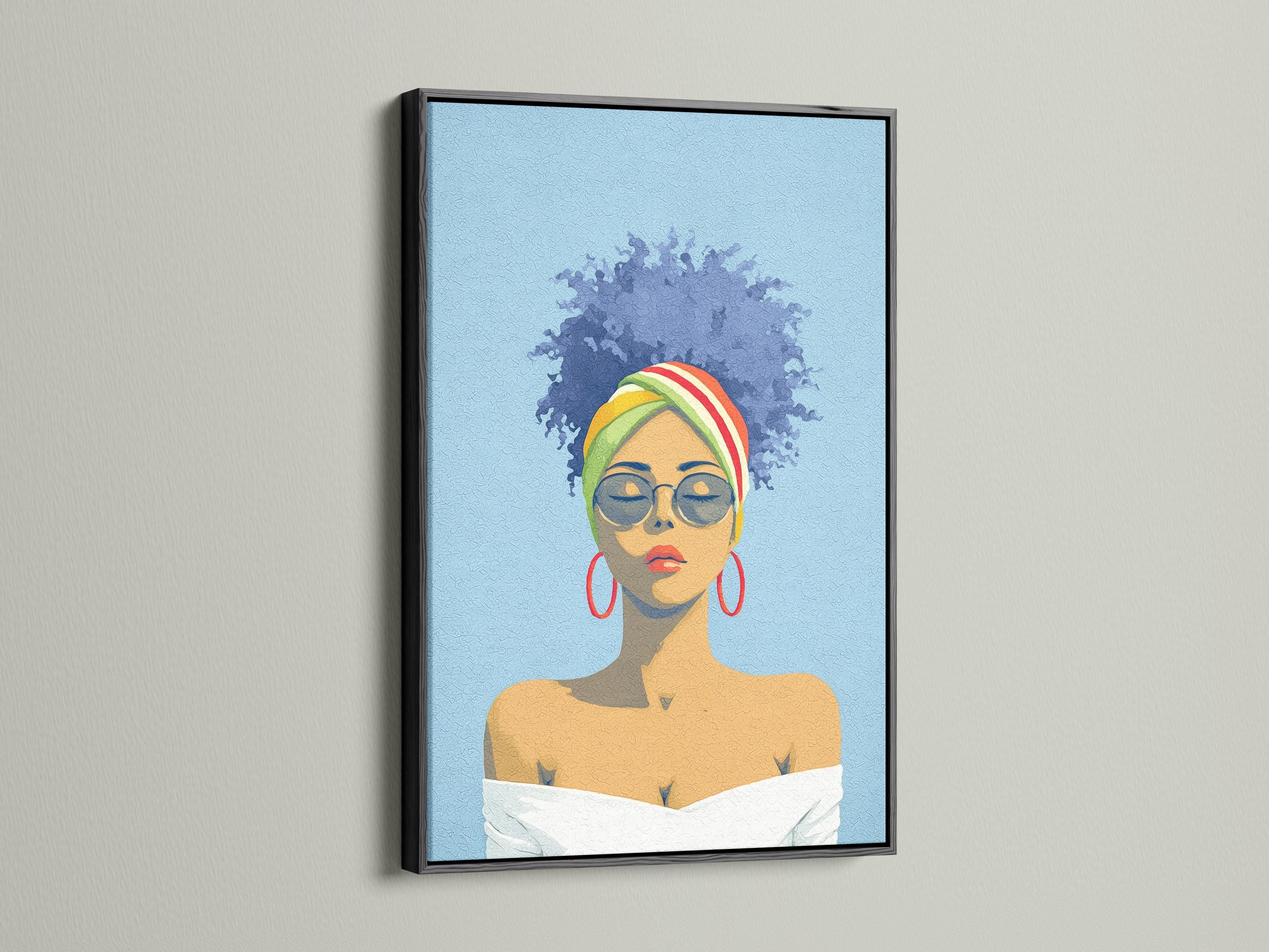 Stylised portrait of a woman with glasses and a rainbow headwrap on a textured blue background detail view