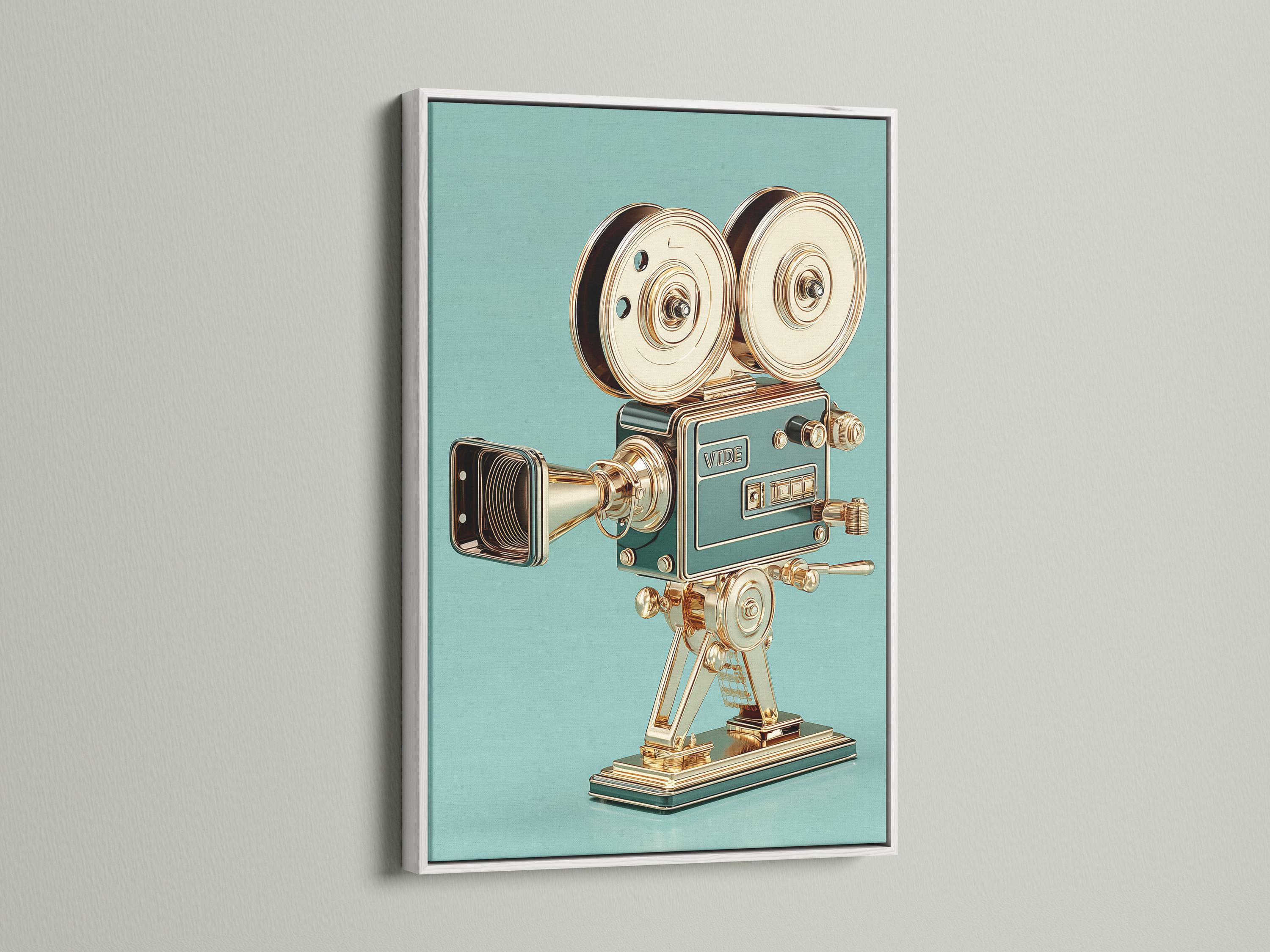 Woman standing beside a framed vintage film camera illustration on a teal background