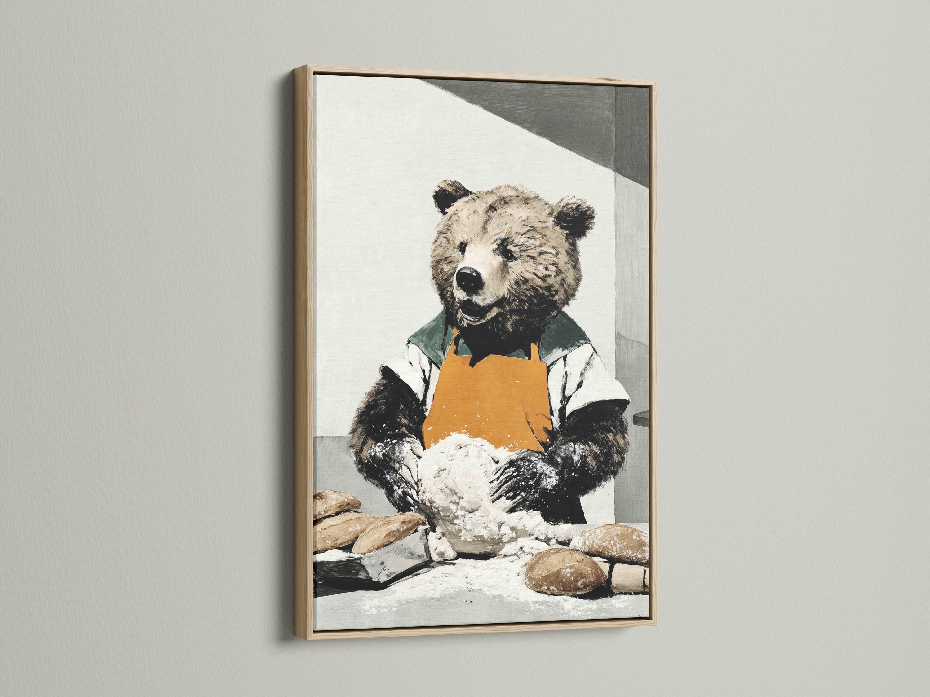 Bear baker artwork with an orange apron, green clothing, and dough on a table detail view