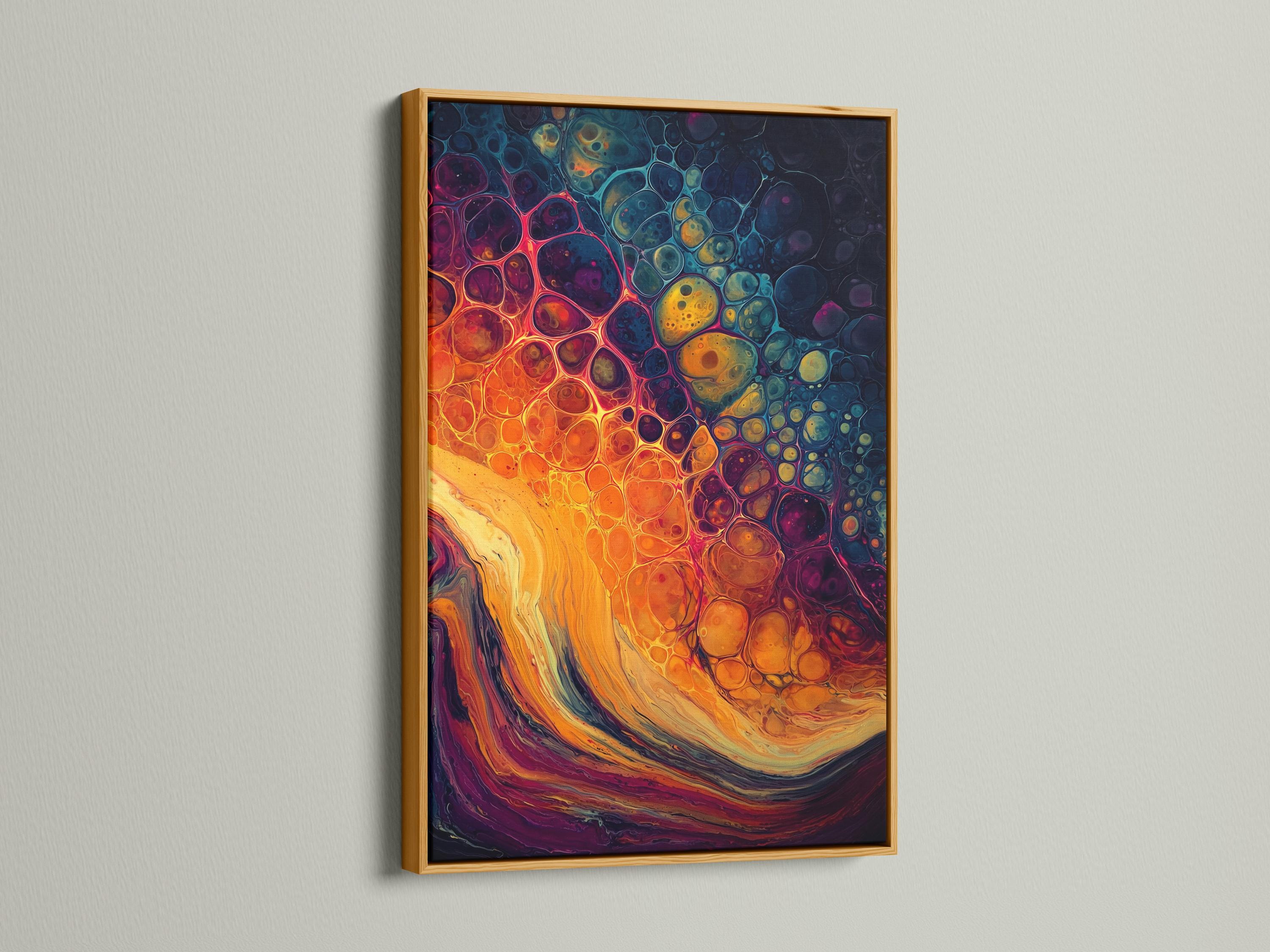 Abstract fluid artwork with orange and teal swirls and bubble-like circles detail view