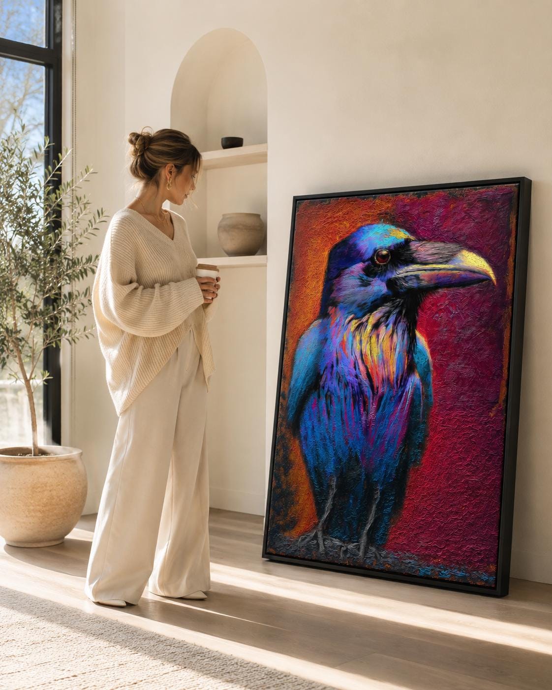 A raven portrait artwork displayed in a barbershop setting