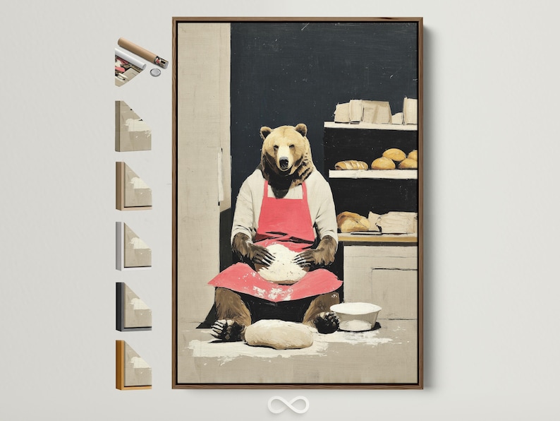 Bear chef in a red apron behind a counter with shelves of bread and pastries
