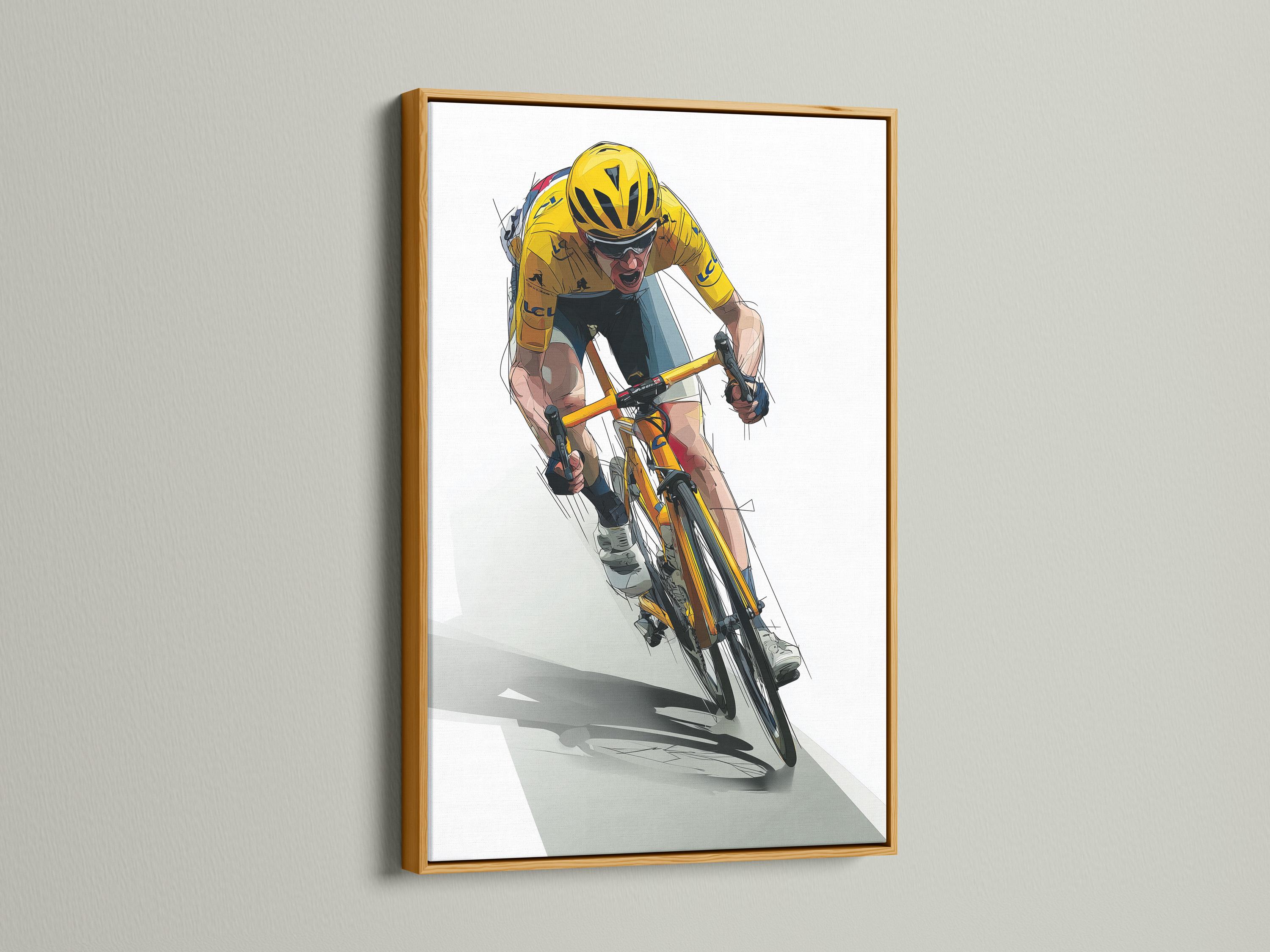 Stylised yellow cyclist riding a bicycle diagonally with motion lines detail view