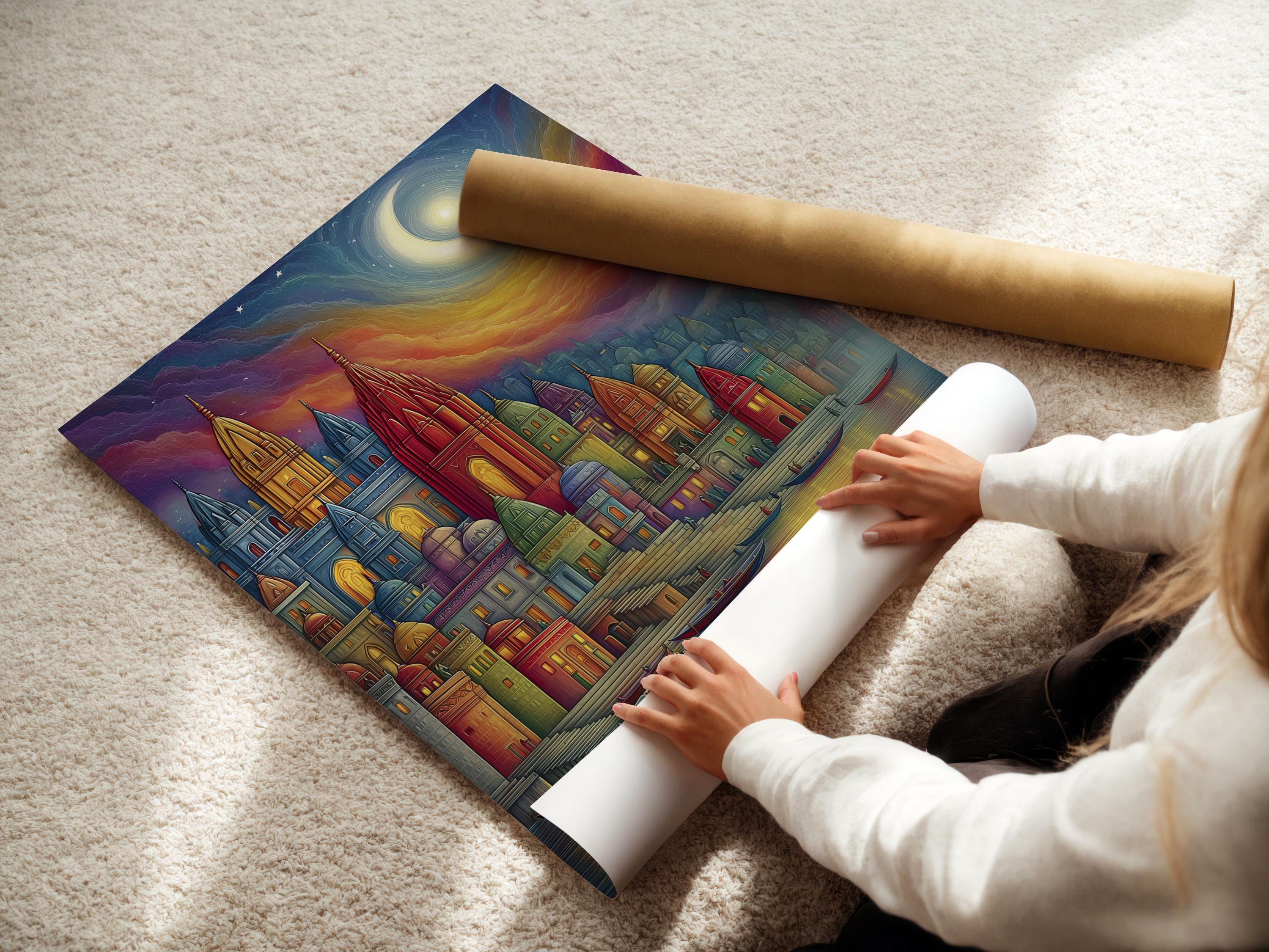 Moonlit colourful city skyline with domed buildings and boats on reflective water detail view