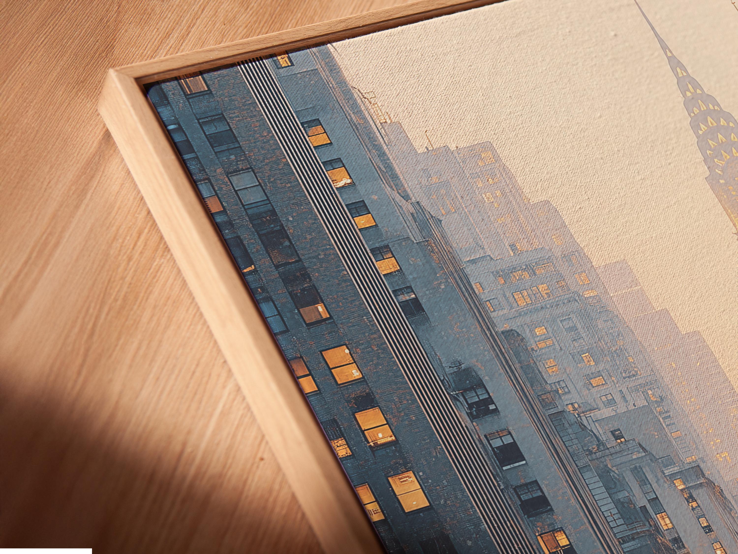 Golden hour city street with traffic, tall buildings and a tower silhouette in mist detail view