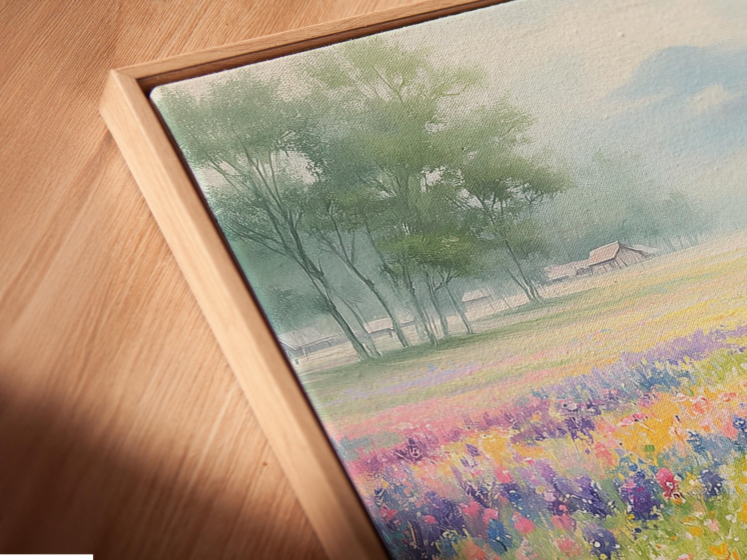 Pastel wildflower meadow with colourful flowers in the foreground and misty trees in the distance detail view