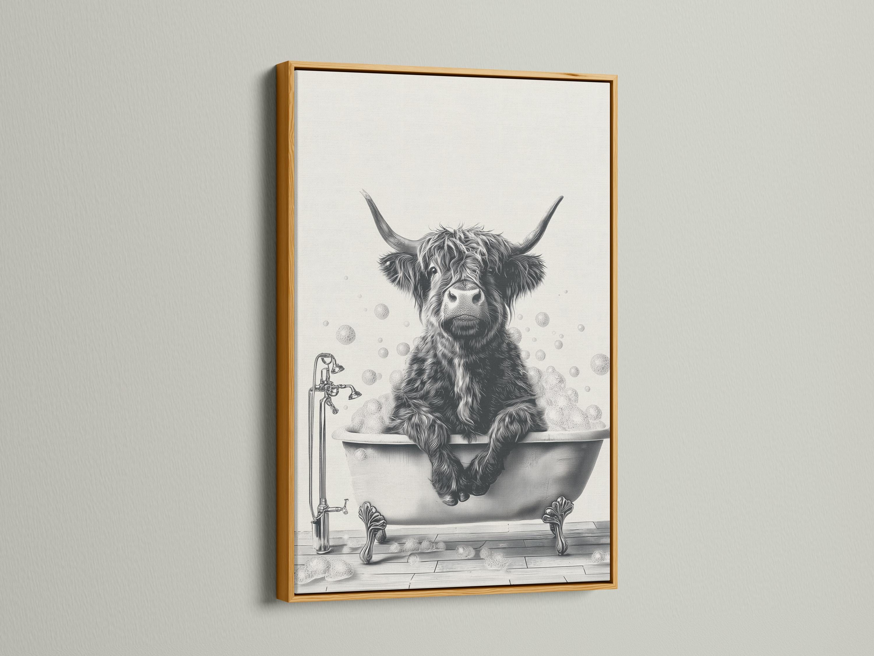 Black and white cow sitting in a bathtub with bubbles and a faucet detail view
