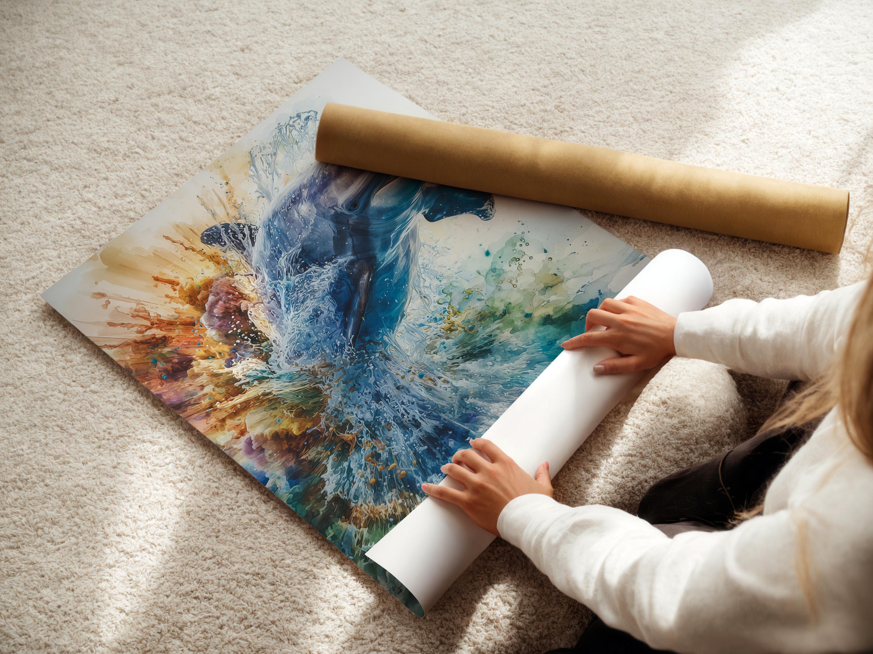 Framed ocean dolphin splash artwork on a wall with other frame options