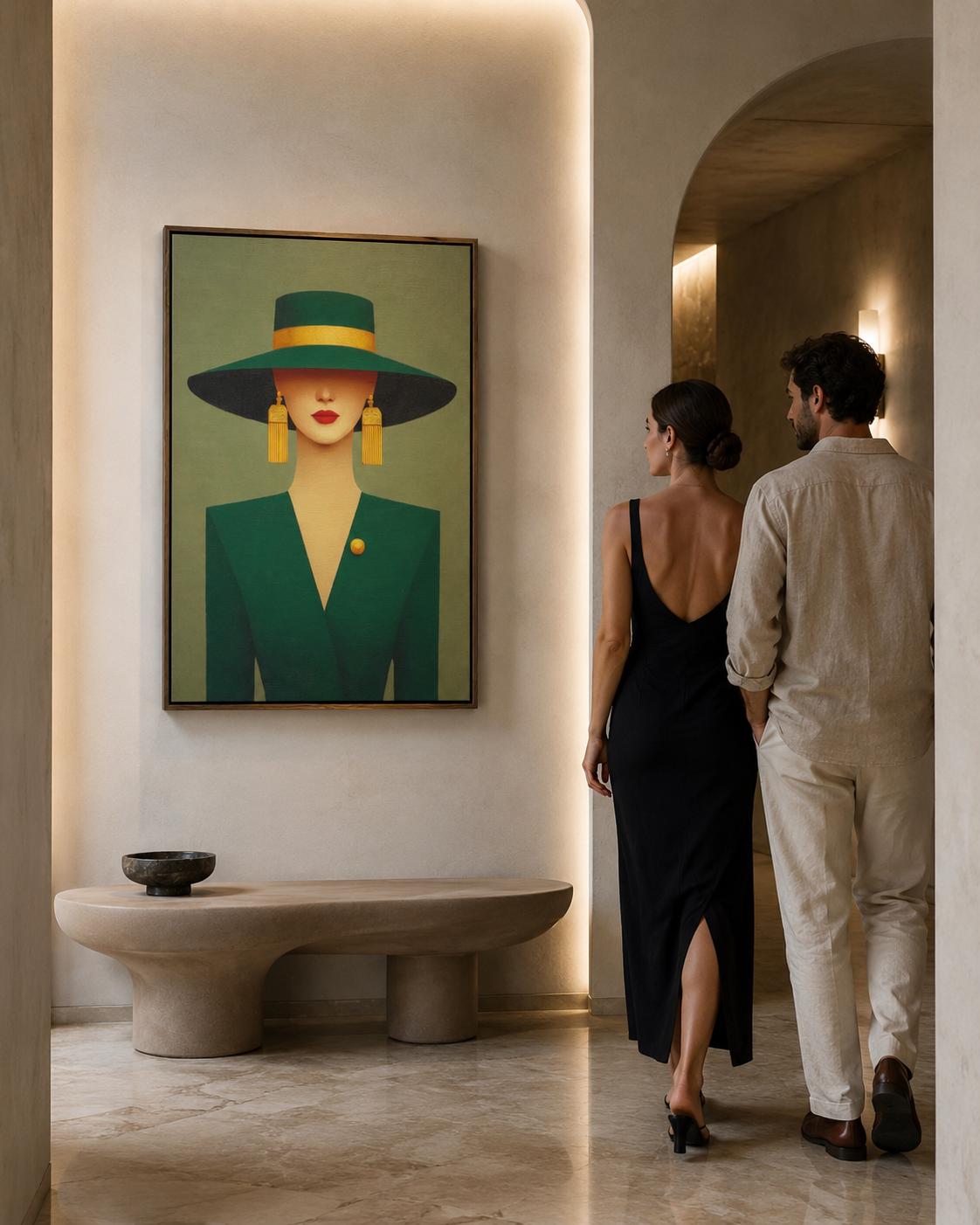 A stylised portrait of an elegant woman in a wide-brim hat, shown against a muted green background with gold accents and Art Deco-inspired shapes