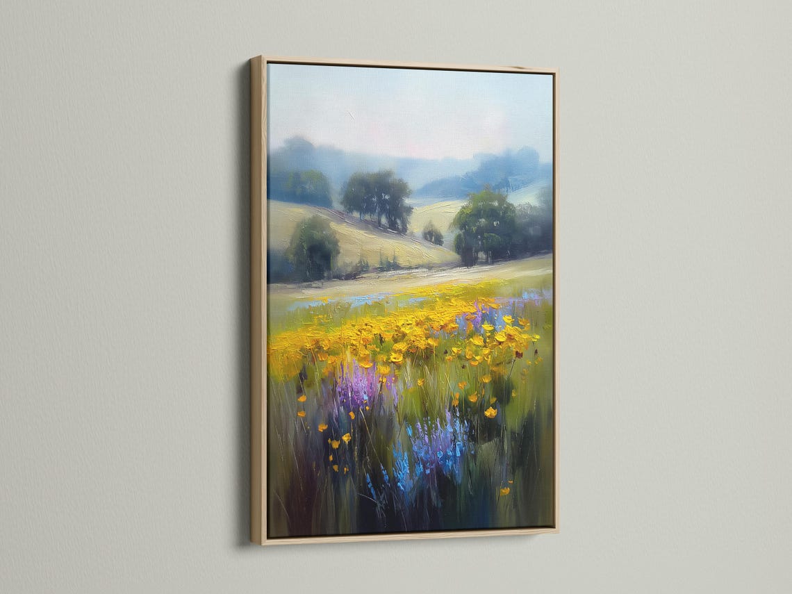 Impressionist meadow landscape with yellow flowers, green grasses and a blue cloudy sky detail view