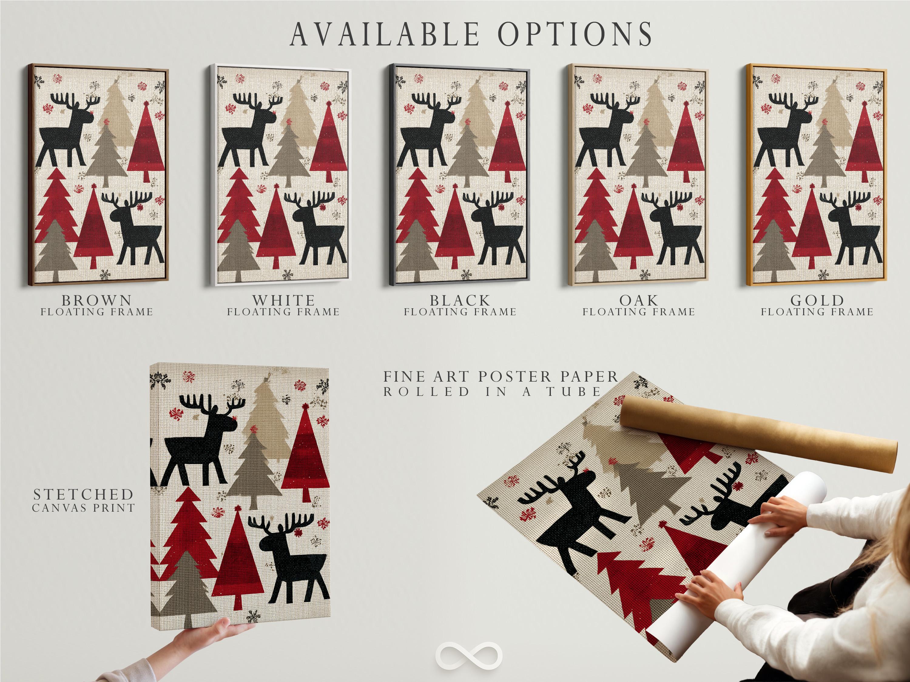 Room mockup showing a framed festive moose artwork with Christmas trees and snowflakes