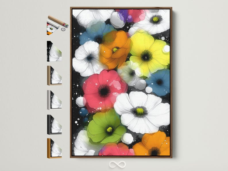Artwork showing overlapping poppy-like flowers in bright red, yellow, green and white on a dark speckled background